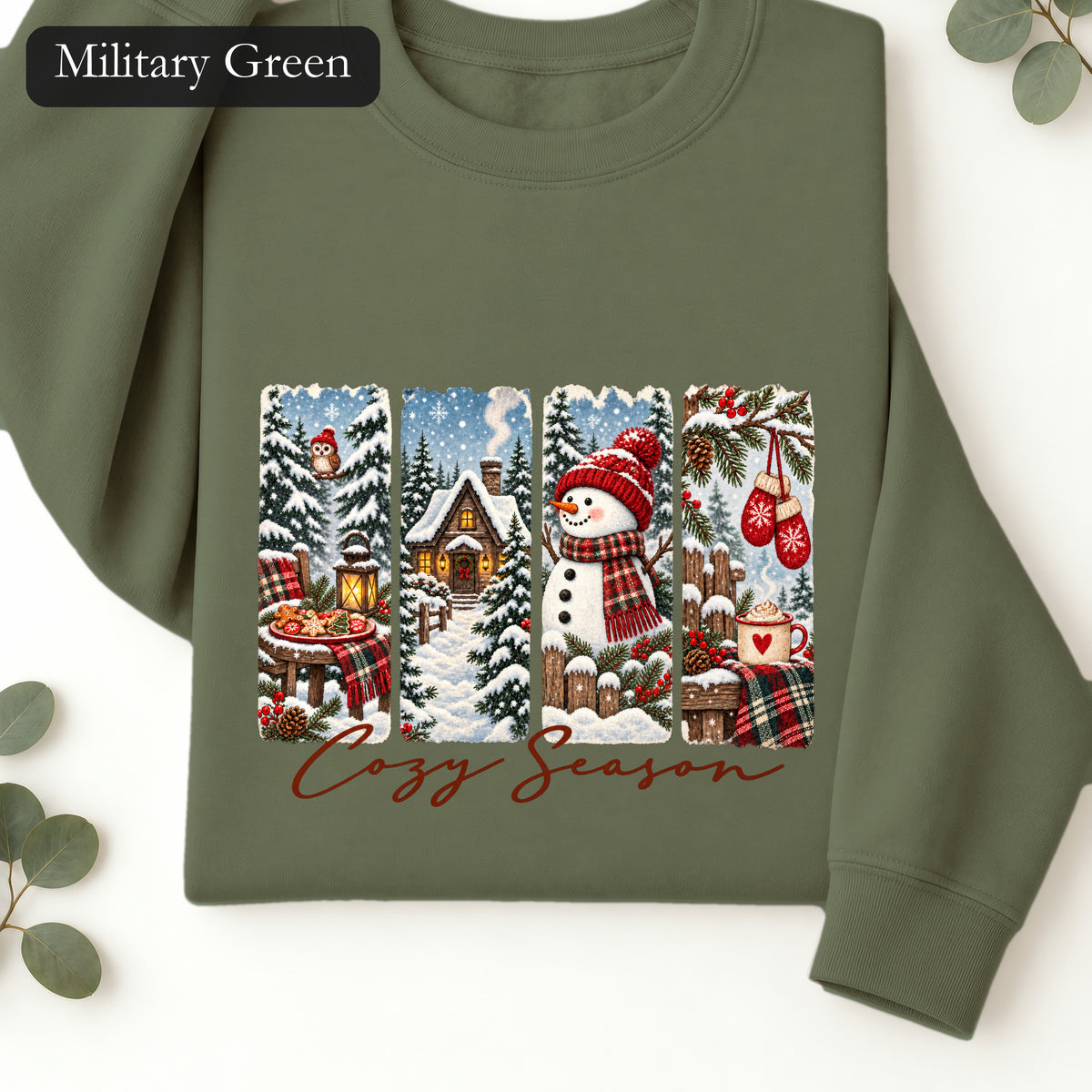 Cozy Winter Scenes Crewneck | Snowman Cabin Holiday Sweatshirt