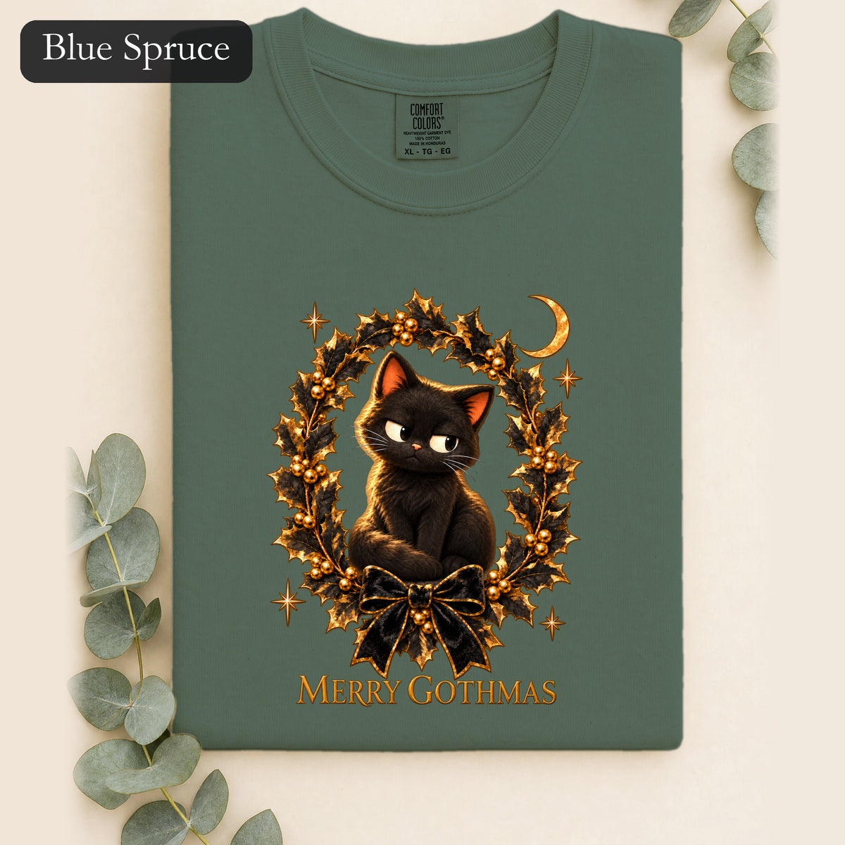 Merry Gothmas Black Cat Shirt | Gothic Christmas Holly Wreath and Crescent Moon Tee, Spooky Cat Lover Holiday Gift