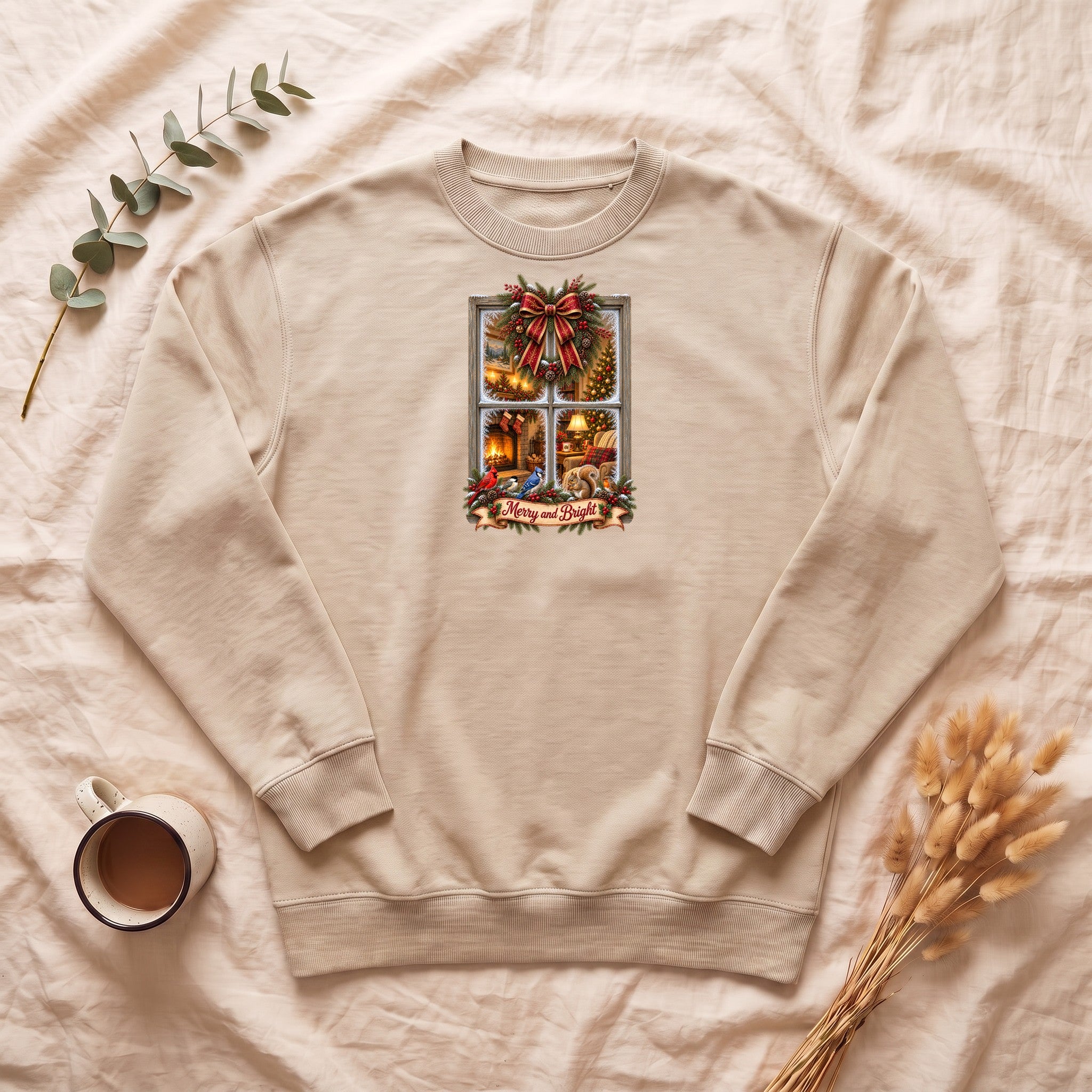 Merry and Bright Window Scene Sweatshirt | Christmas Bow, Wreath, Candlelights