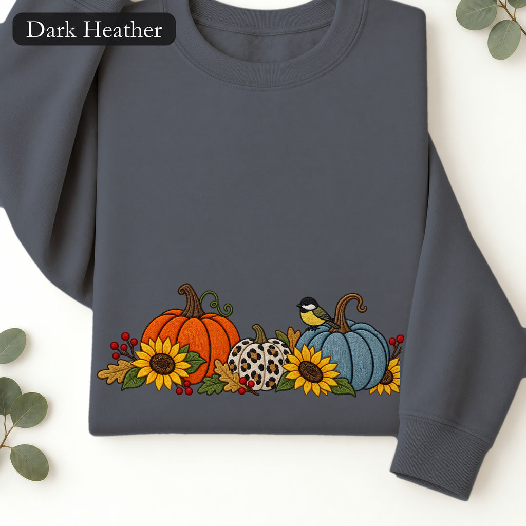 Embroidered Autumn Pumpkin Crewneck Sweatshirt | Sunflowers and Harvest Birds, Fall Foliage, Cozy Thanksgiving Gift