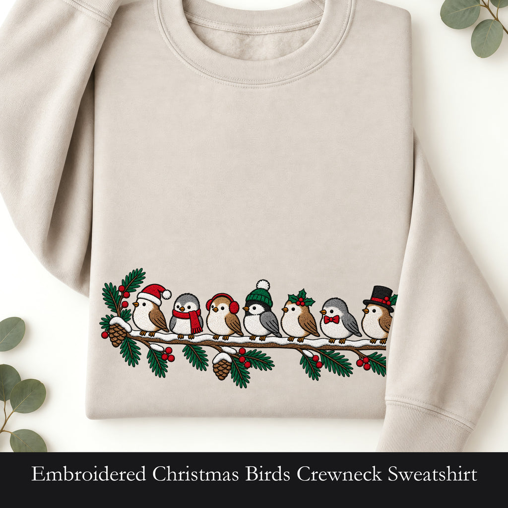 Embroidered Christmas Birds Crewneck Sweatshirt | Cute Cardinal and Holly, Winter Birds on a Snowy Branch, Bird Lover Gift