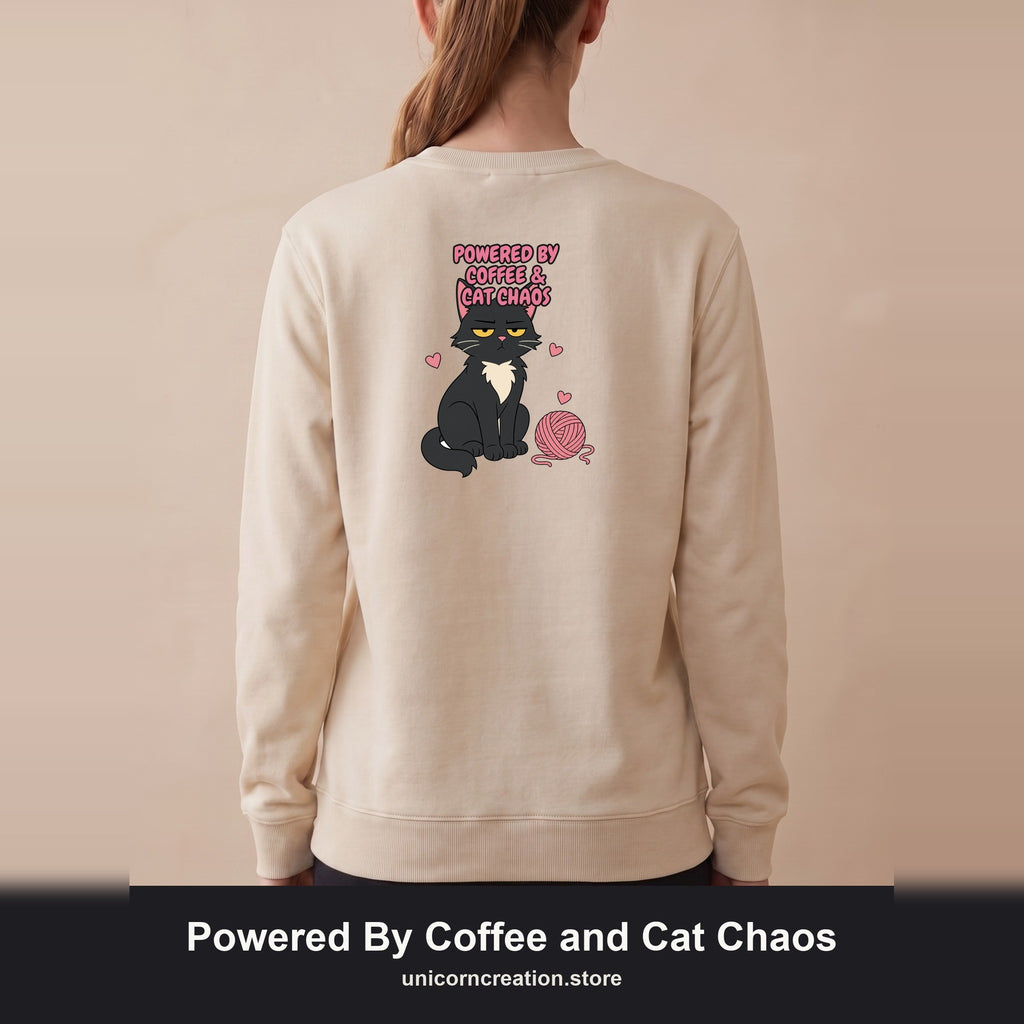 Powered By Coffee and Cat Chaos Shirt, Funny Cat Mom Coffee Tee, Cat Lover Gift, Cat Owner Sweatshirt