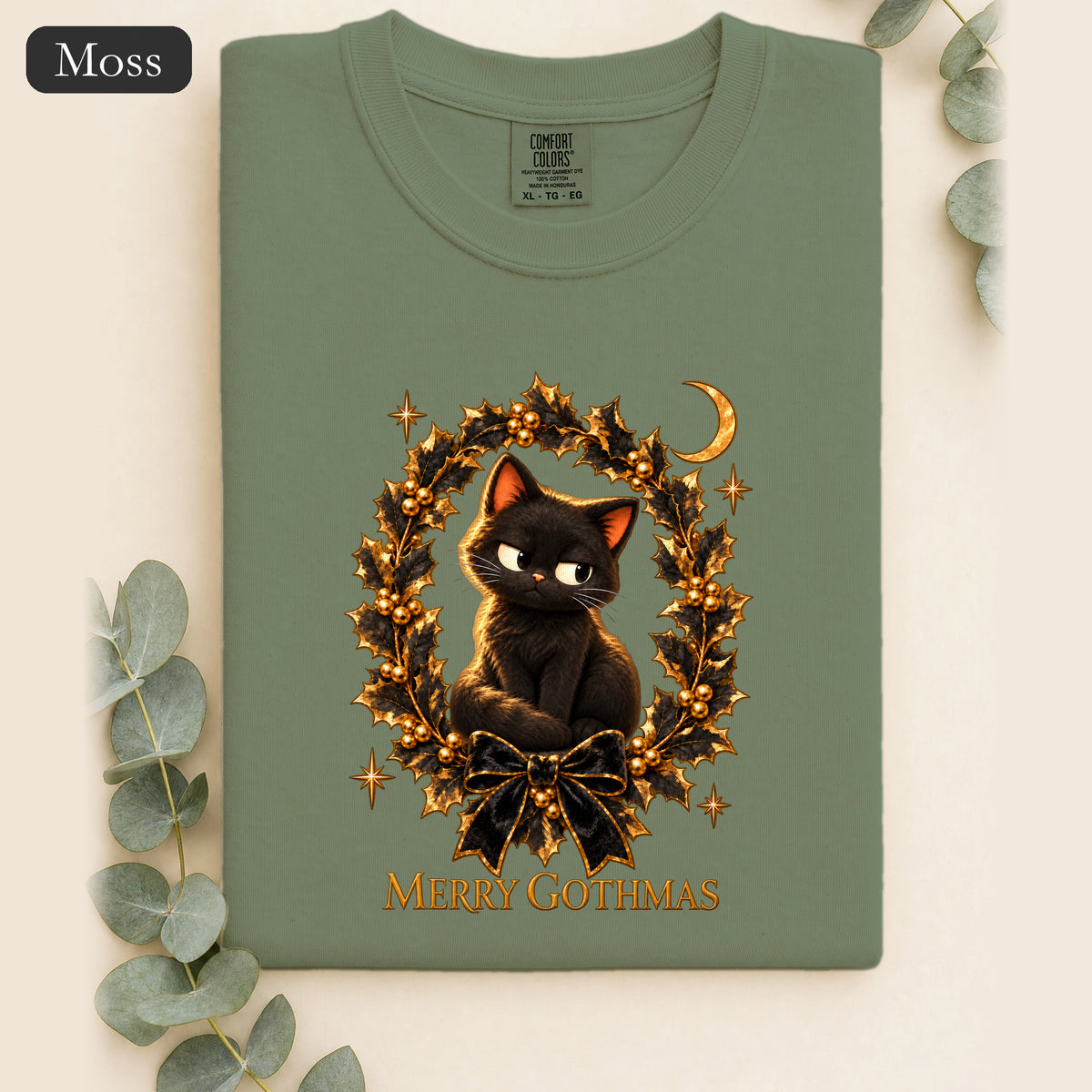 Merry Gothmas Black Cat Shirt | Gothic Christmas Holly Wreath and Crescent Moon Tee, Spooky Cat Lover Holiday Gift