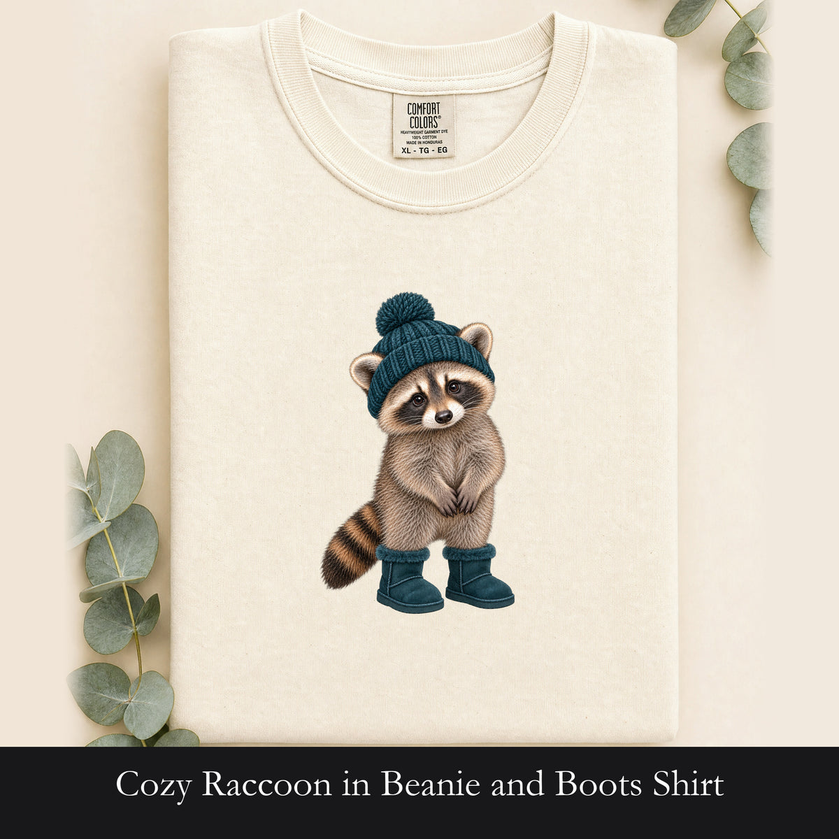 Cozy Raccoon in Beanie and Boots Shirt | Cute Woodland Animal Tee