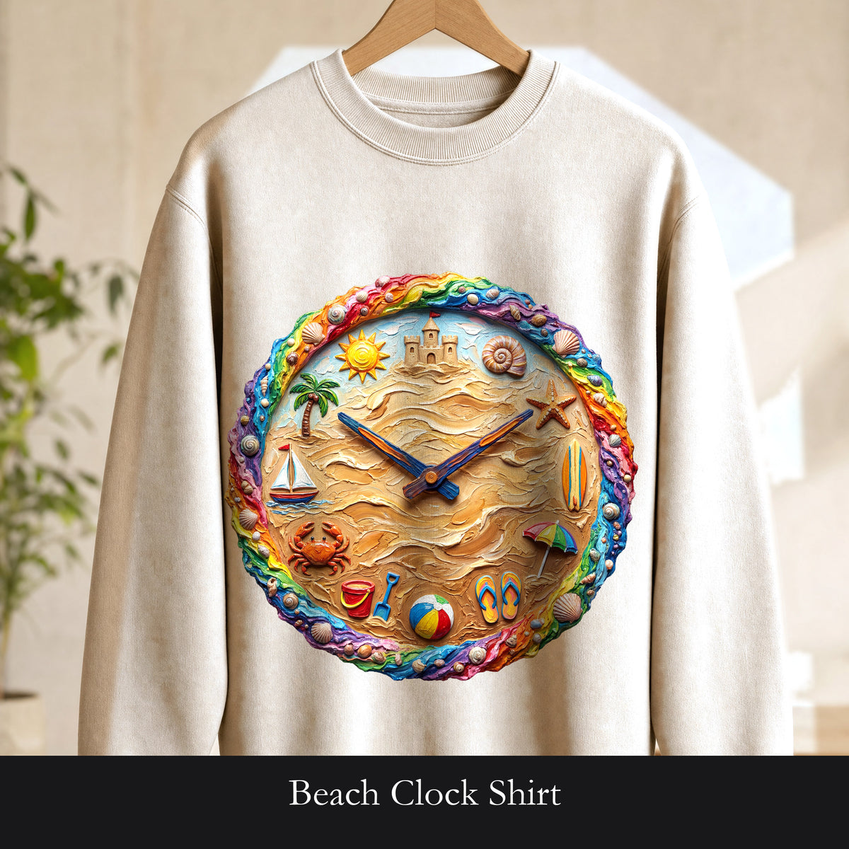 Beach Clock Shirt, Dreamy Coastal Art Tee, Surreal Beach Lover Gift, Summer Ocean Sweatshirt