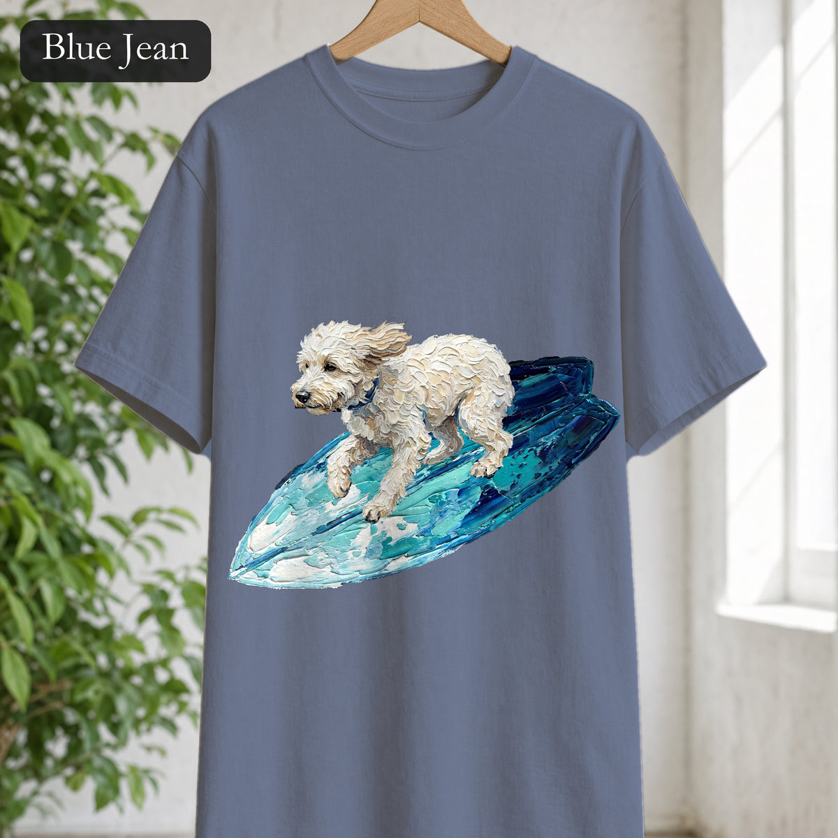 Surfing Dog Shirt, Painterly Surf Dog Tee, Beach Coastal Dog Lover Gift, Summer Ocean Dog Mom Sweatshirt