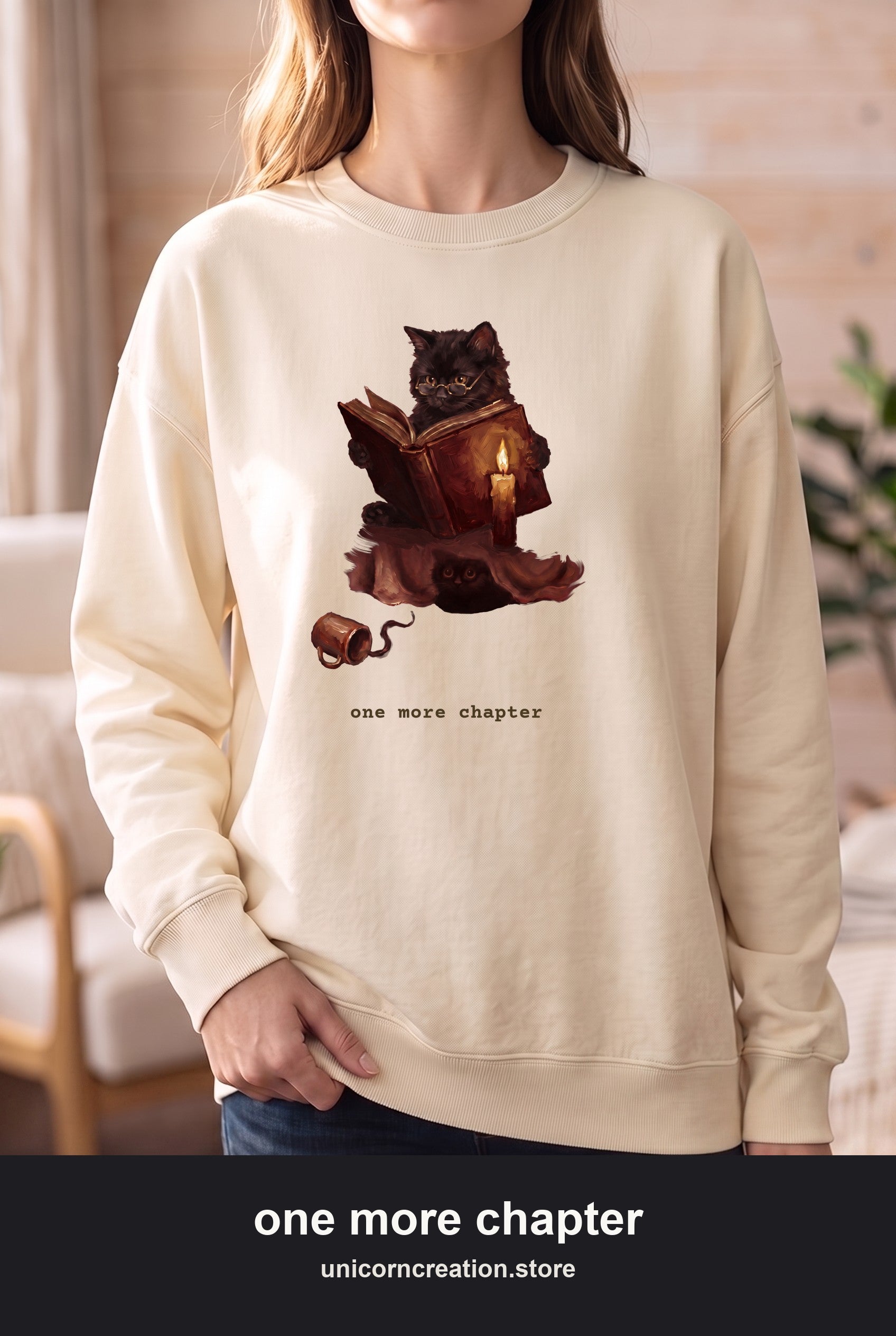 One More Chapter Cat Sweatshirt, Book Lover Reading Crewneck, Cozy Bookish Cat Sweatshirt, Bookworm Reader Gift