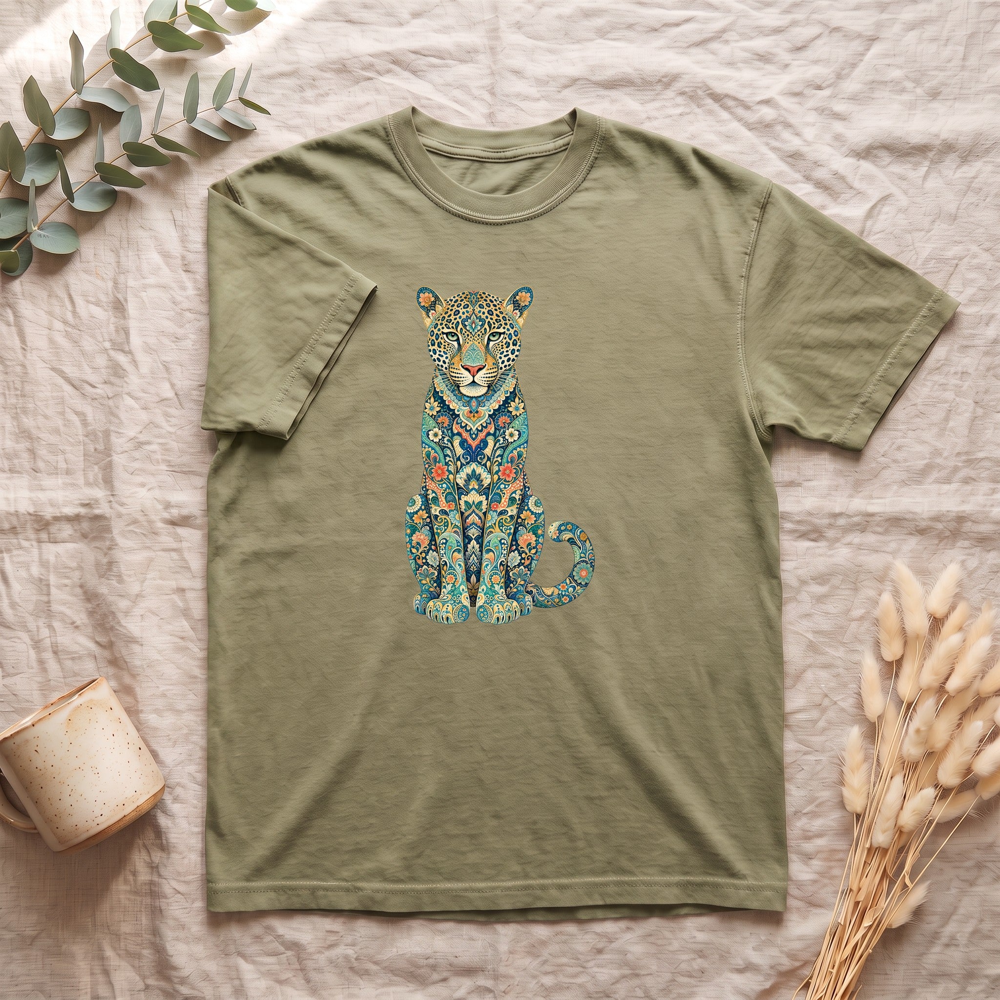 Boho Leopard Shirt, Folk Art Leopard Tee, Japanese Pattern Big Cat Lover Gift, Vintage Floral Leopard Sweatshirt