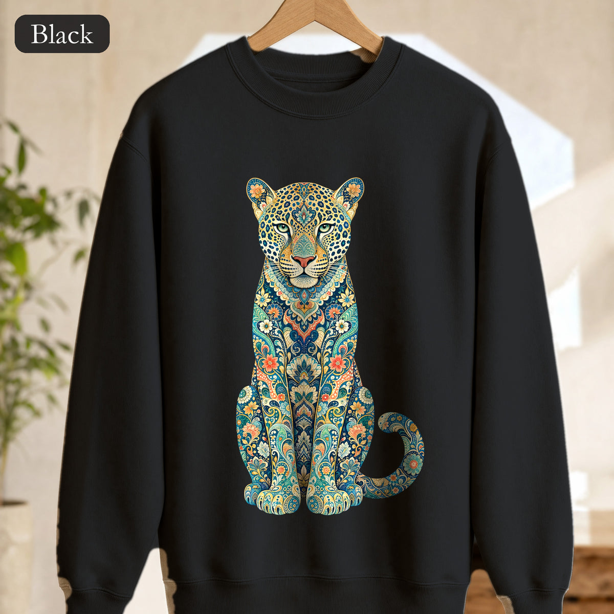 Boho Leopard Shirt, Folk Art Leopard Tee, Japanese Pattern Big Cat Lover Gift, Vintage Floral Leopard Sweatshirt