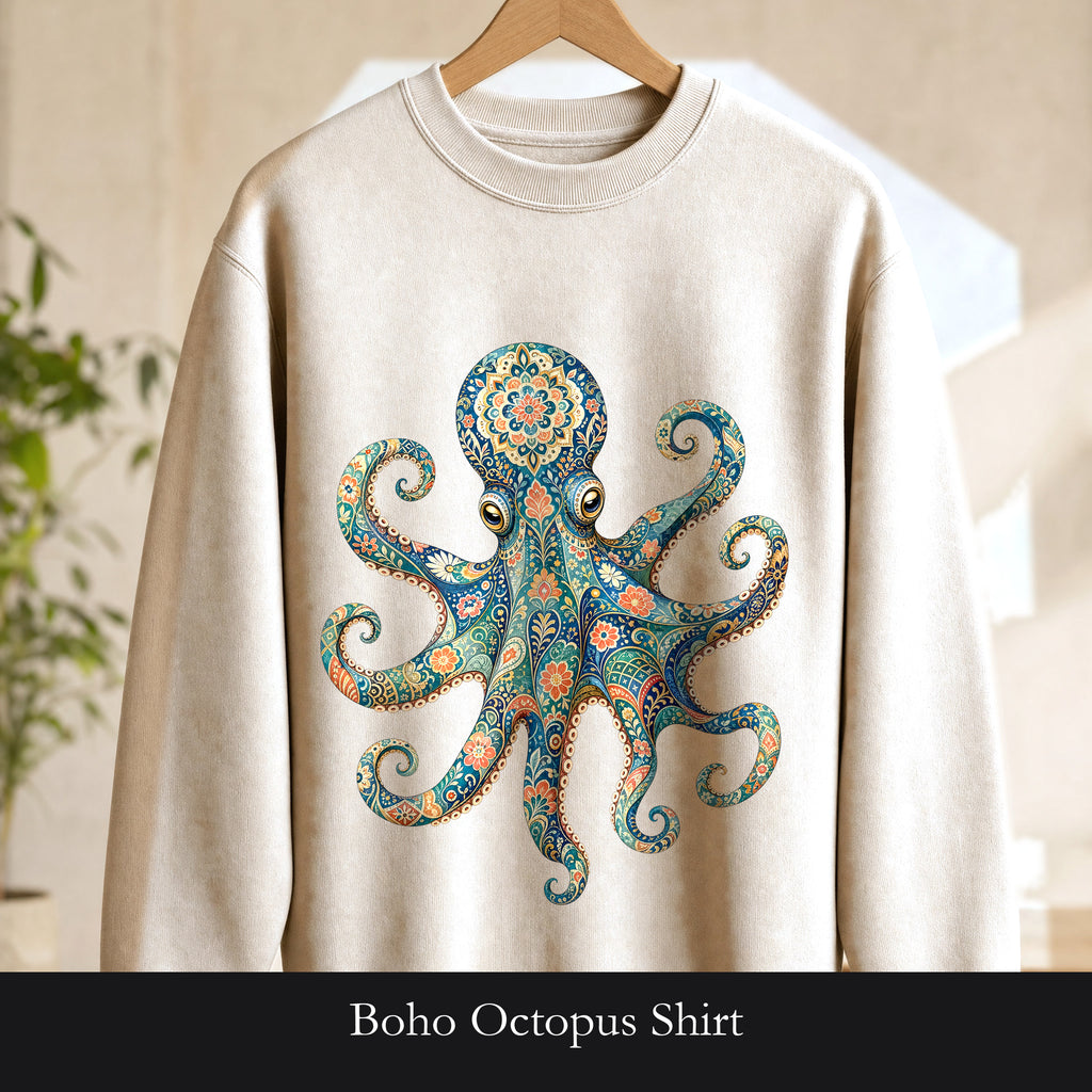 Boho Octopus Shirt, Folk Art Octopus Tee, Japanese Pattern Ocean Lover Gift, Vintage Floral Octopus Sweatshirt