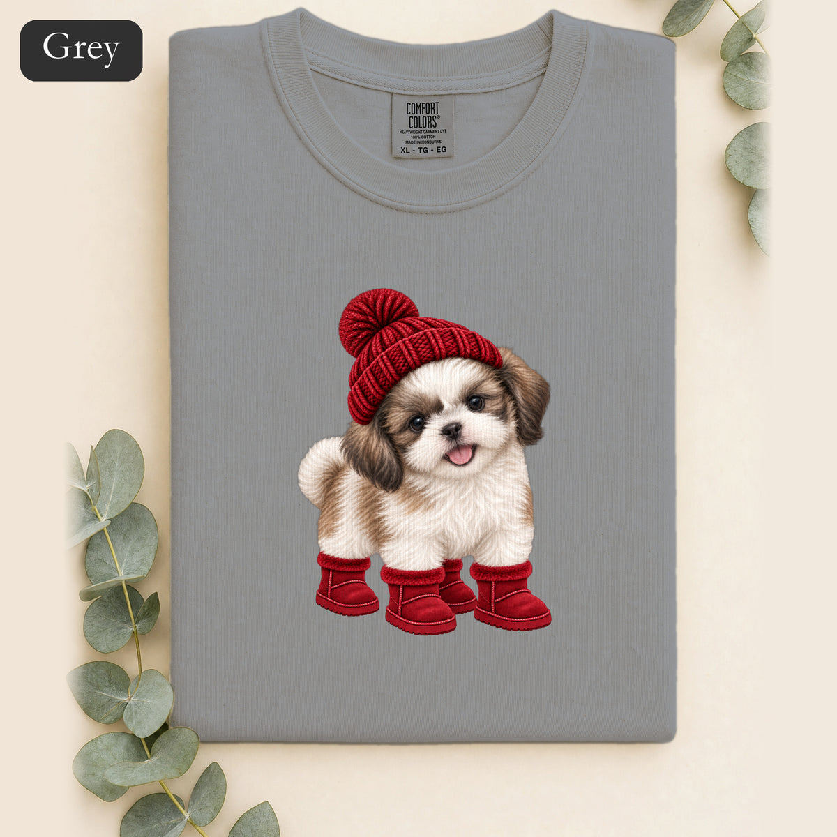 Shih Tzu Puppy in Red Beanie & Boots Shirt | Cute Dog Tee