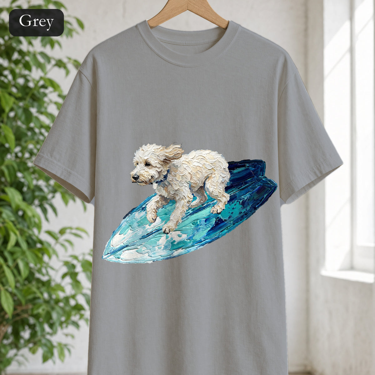 Surfing Dog Shirt, Painterly Surf Dog Tee, Beach Coastal Dog Lover Gift, Summer Ocean Dog Mom Sweatshirt