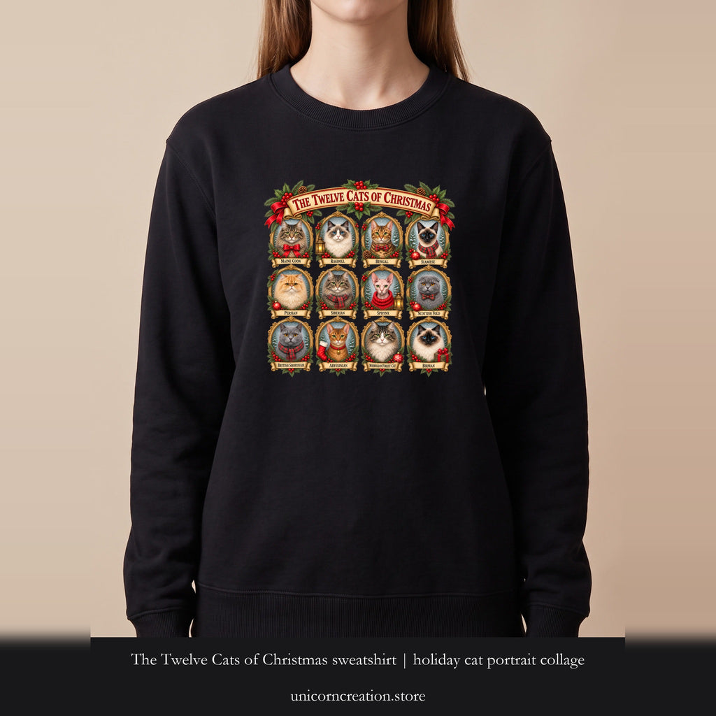 The Twelve Cats of Christmas sweatshirt | holiday cat portrait collage