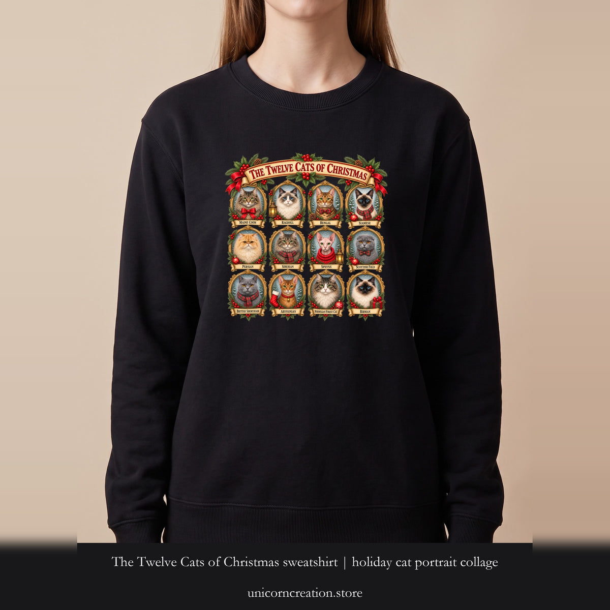 The Twelve Cats of Christmas sweatshirt | holiday cat portrait collage