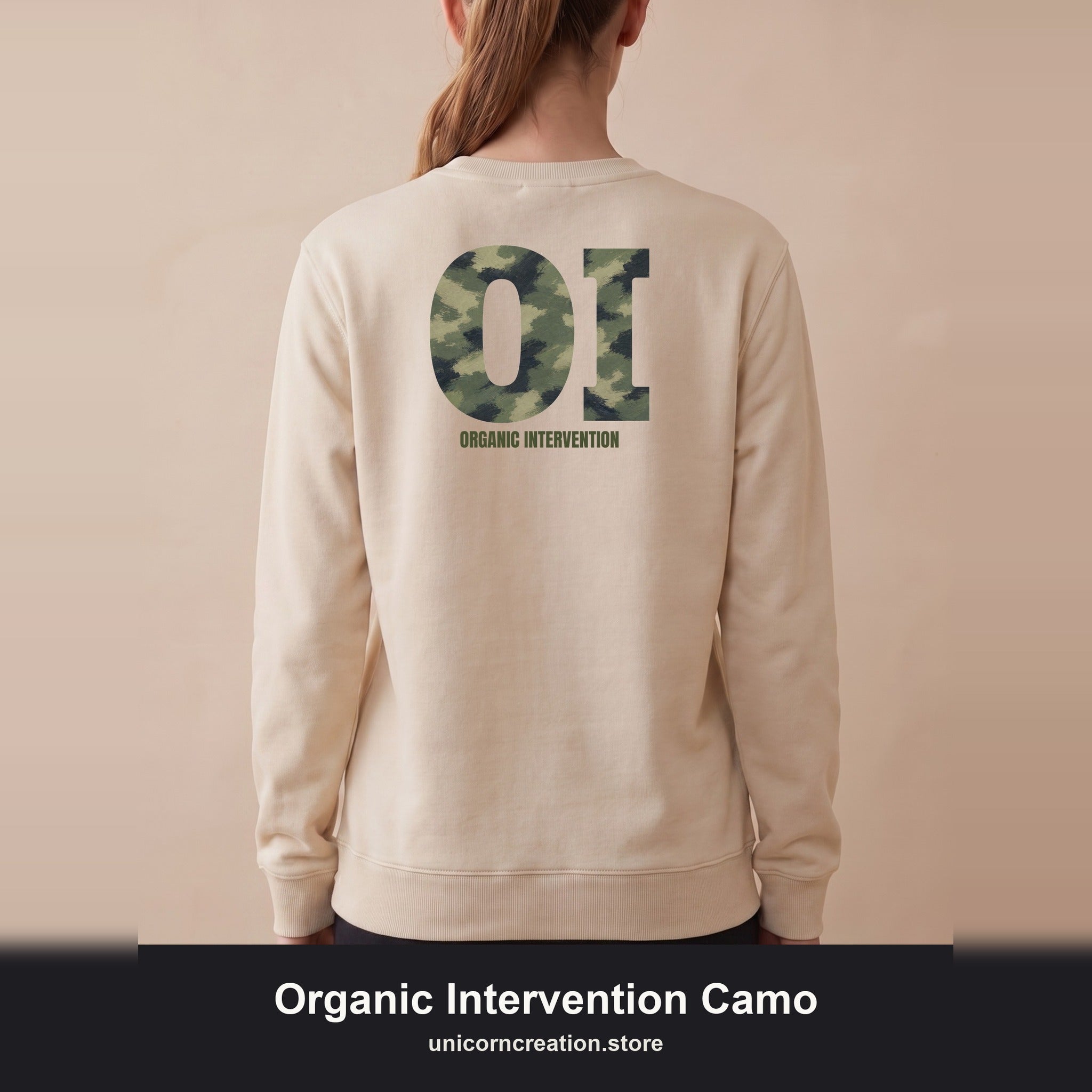 Organic Intervention Camo Hoodie, OI Monogram Anti-Algorithm Sweatshirt, Streetwear Camo Graphic Gift, Bold Statement Hoodie