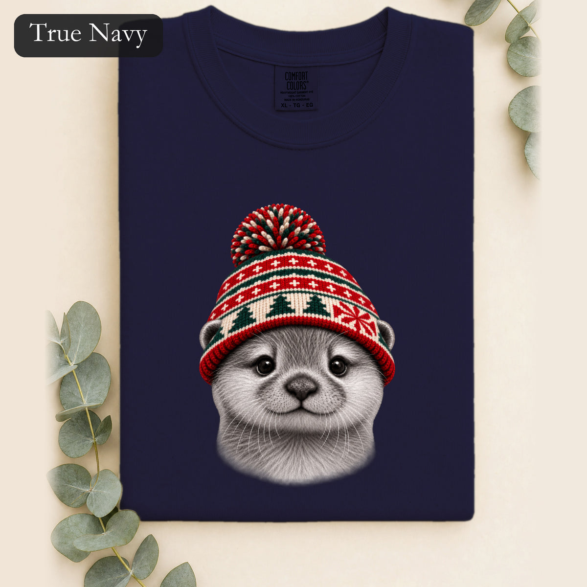 Otter Wearing Knit Christmas Winter Hat Shirt | Cute Holiday Animal Tee