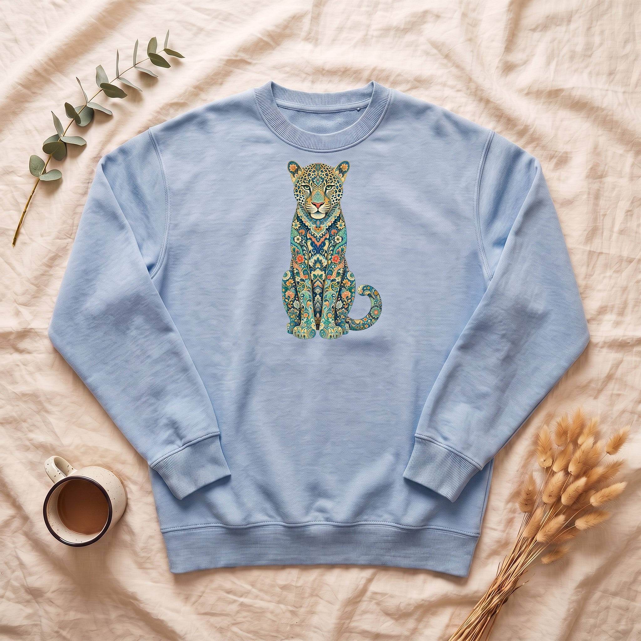 Boho Leopard Shirt, Folk Art Leopard Tee, Japanese Pattern Big Cat Lover Gift, Vintage Floral Leopard Sweatshirt