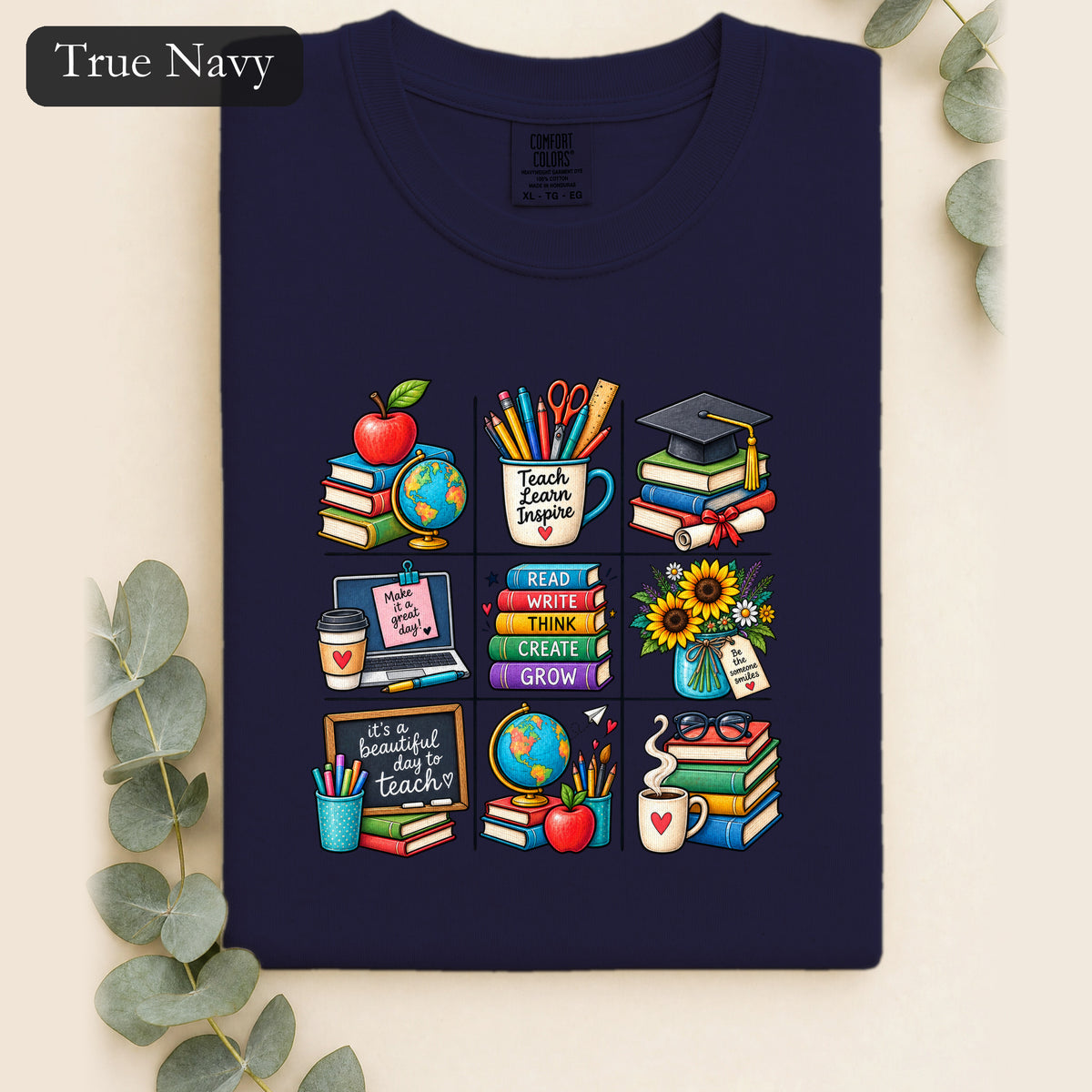 Teacher Classroom Icons Shirt | Books, Globe, Apple, Chalkboard