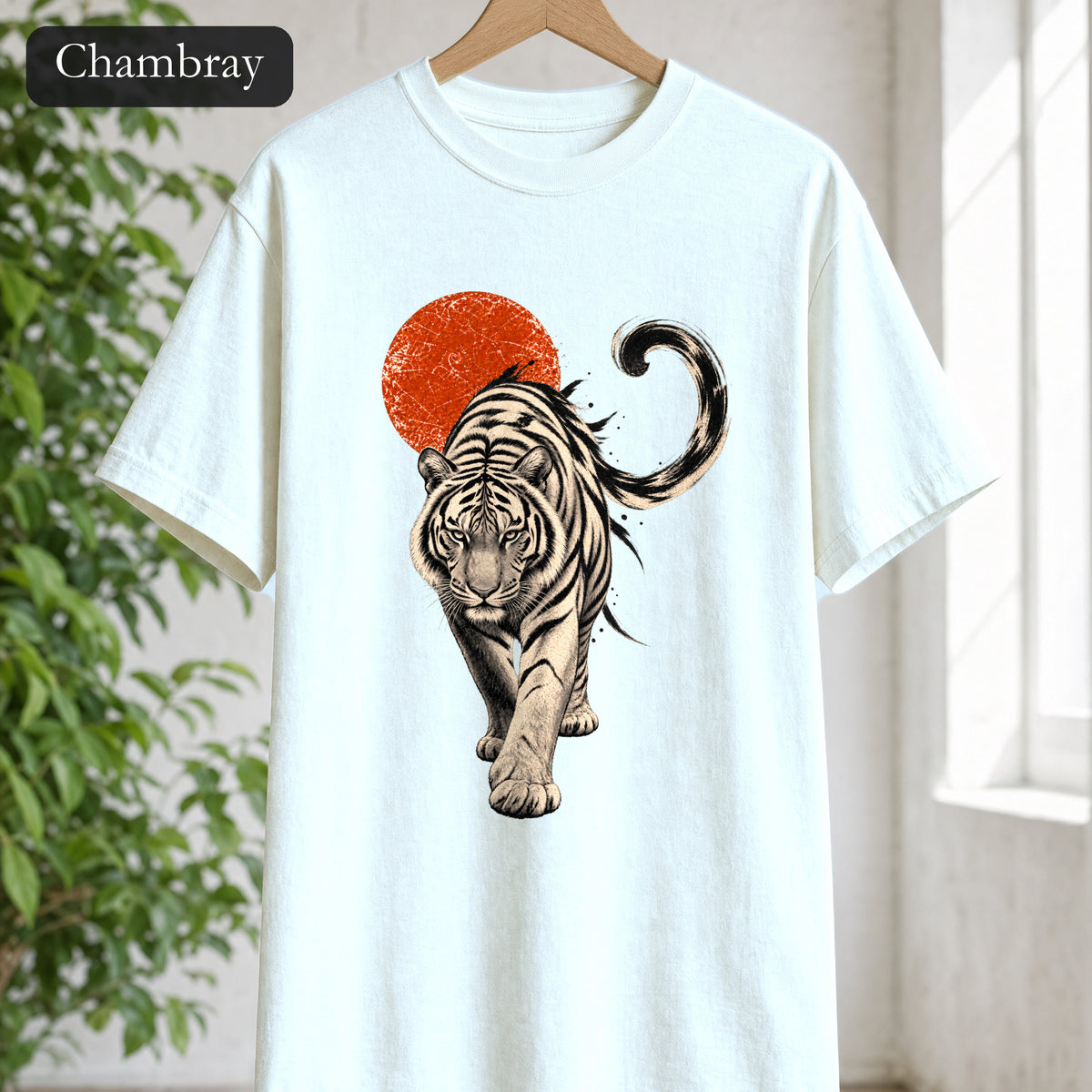 White Tiger with Red Sun Shirt, Japanese Woodblock Tiger Tee, Red Sun Graphic Gift, Asian Art T-Shirt
