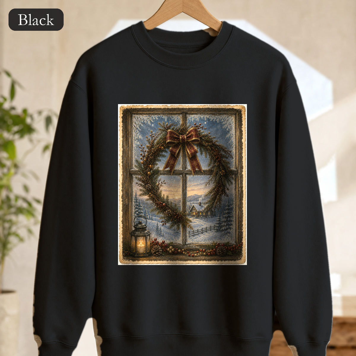 Winter Wreath Window Scene Sweatshirt | Vintage Holiday Postcard