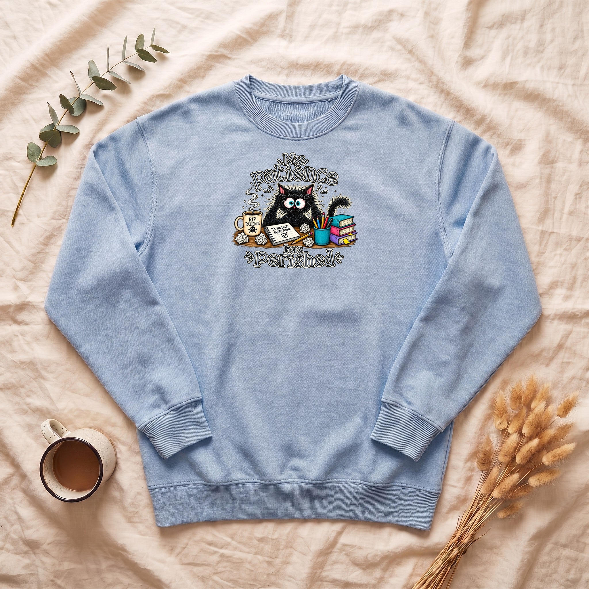My Patience Has Perished cat crewneck sweatshirt | Cute grumpy cat illustration, coffee and books