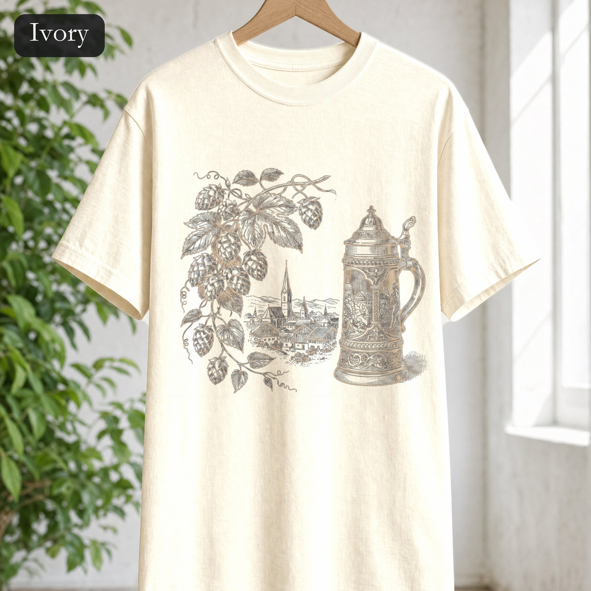 Vintage Beer Stein Illustration Shirt | Hops Vine Scenic Design