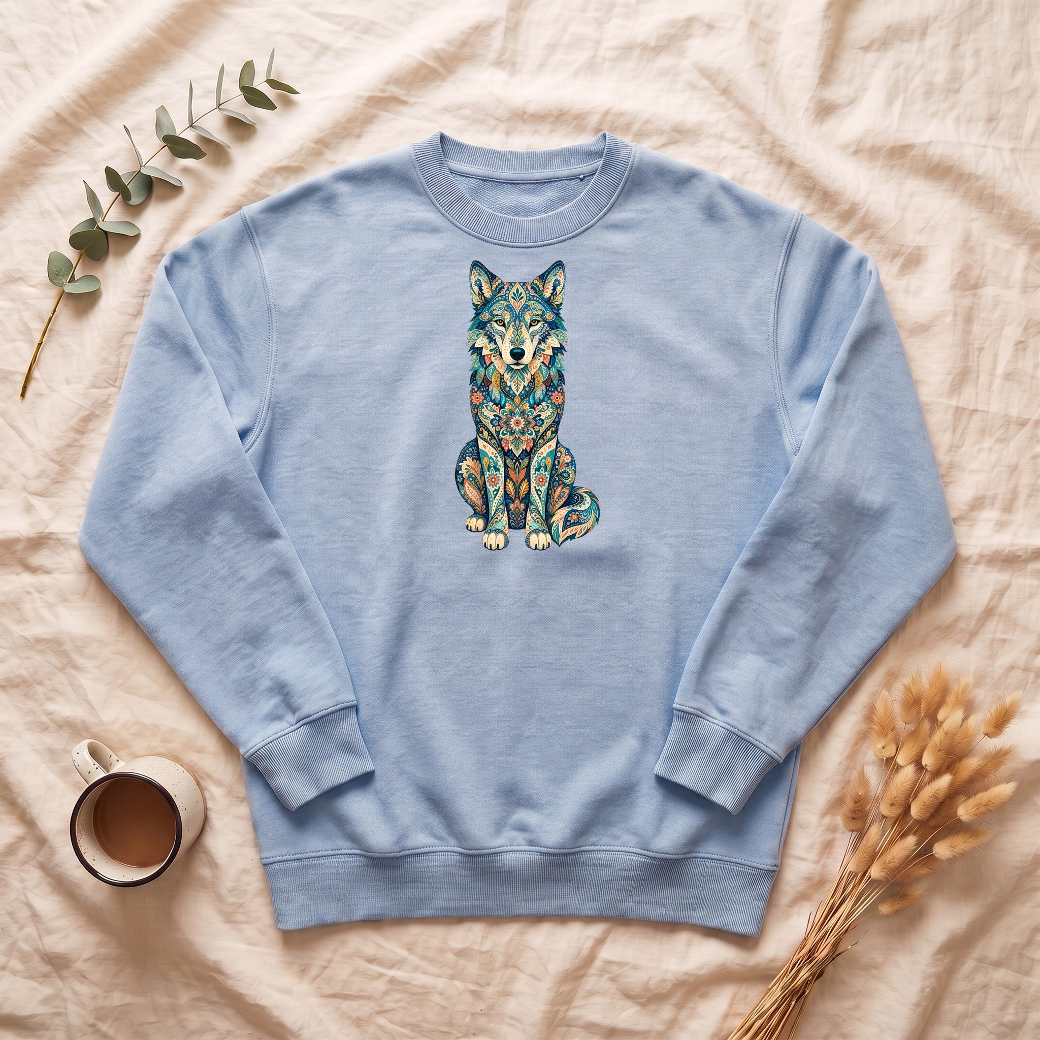 Boho Wolf Shirt, Folk Art Wolf Tee, Japanese Pattern Wolf Lover Gift, Vintage Floral Wolf Sweatshirt