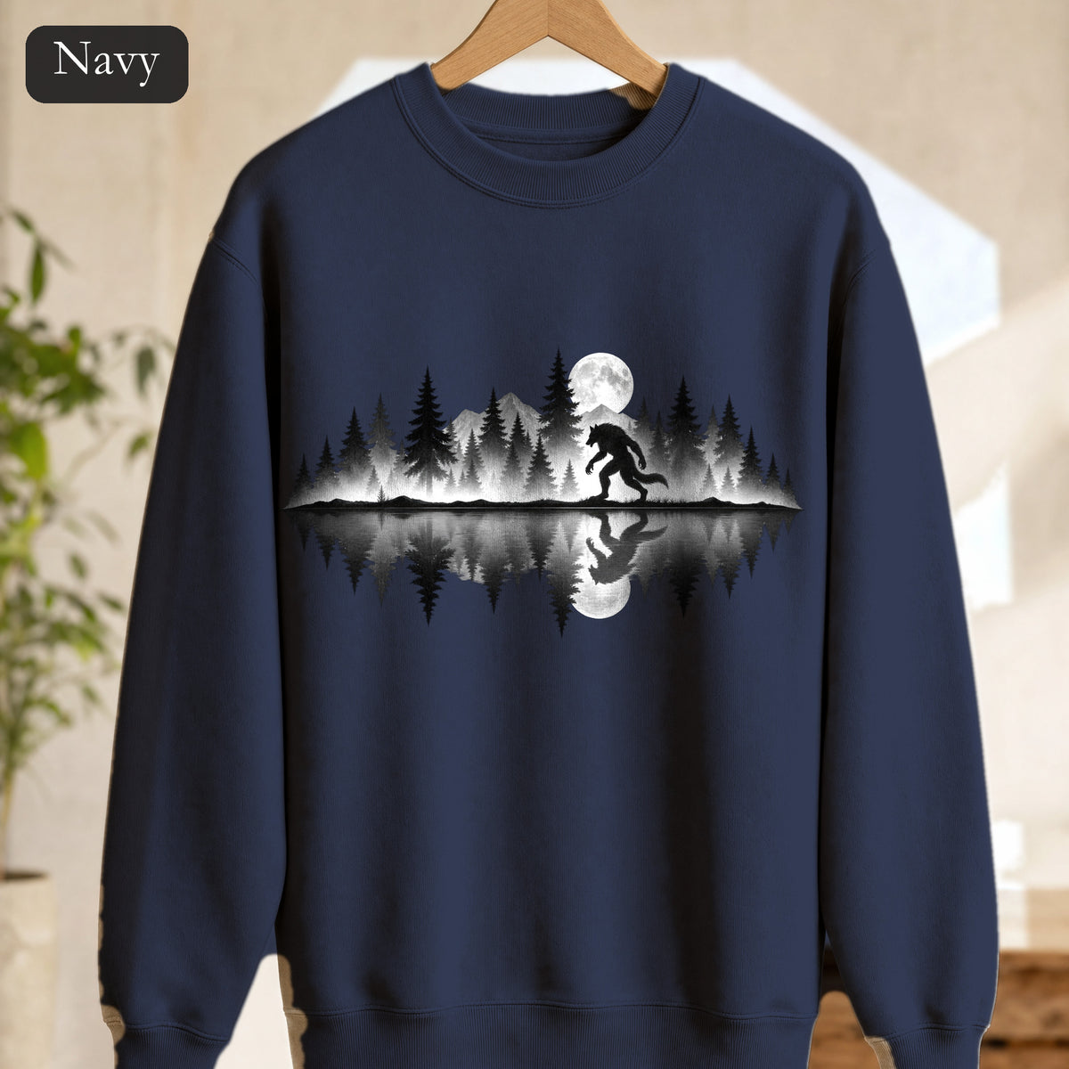 Werewolf Silhouette Moonlight Forest Sweatshirt | Werewolf Lake Reflection