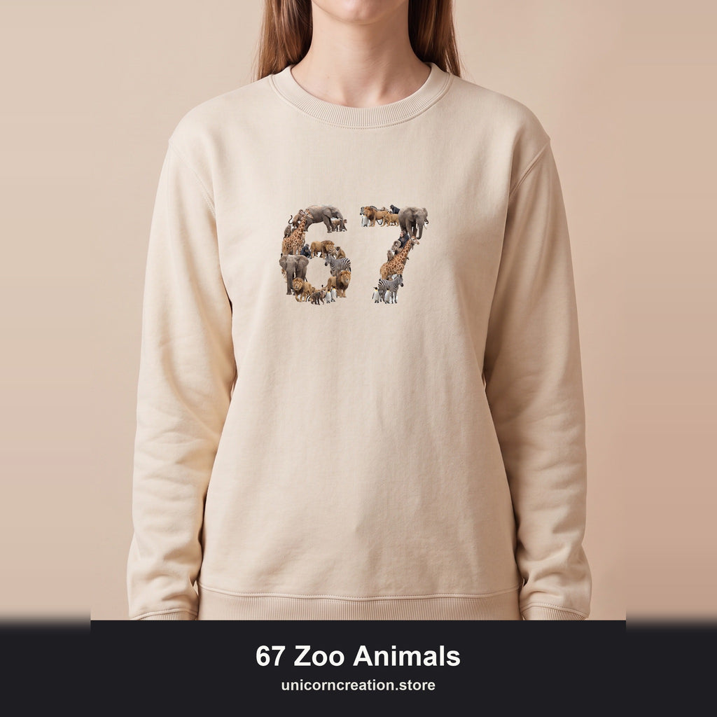 67 Zoo Animals Shirt, Funny 67 Meme Tee, Trendy Animal Number Gift, Giraffe Elephant Lion Sweatshirt