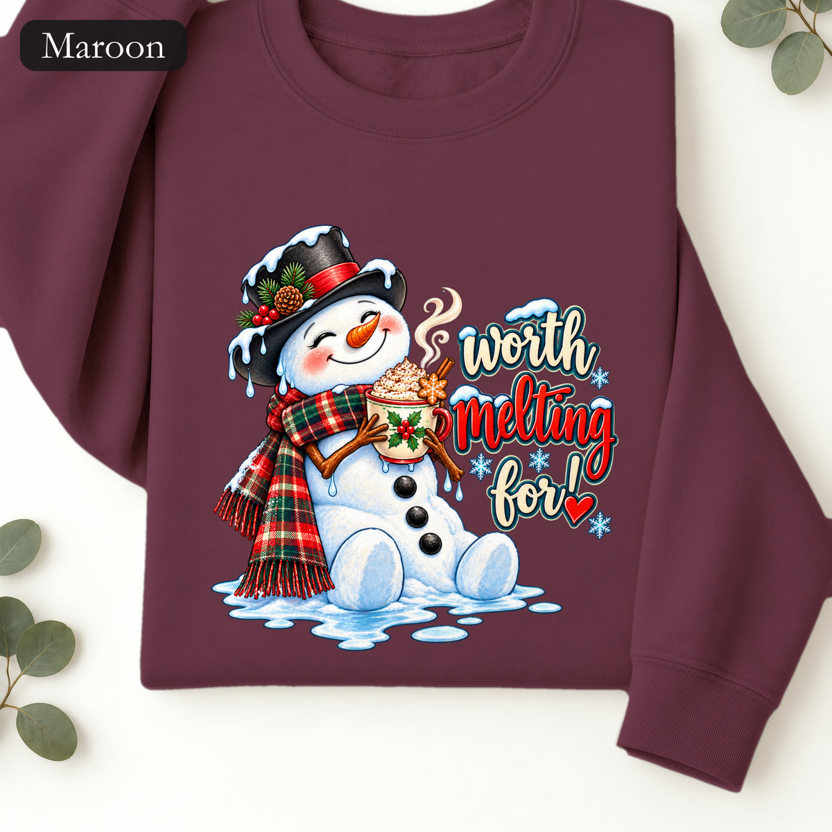 Worth melting for -Snowman with with cocoa Sweatshirt | Christmas Holiday Snowman Crewneck