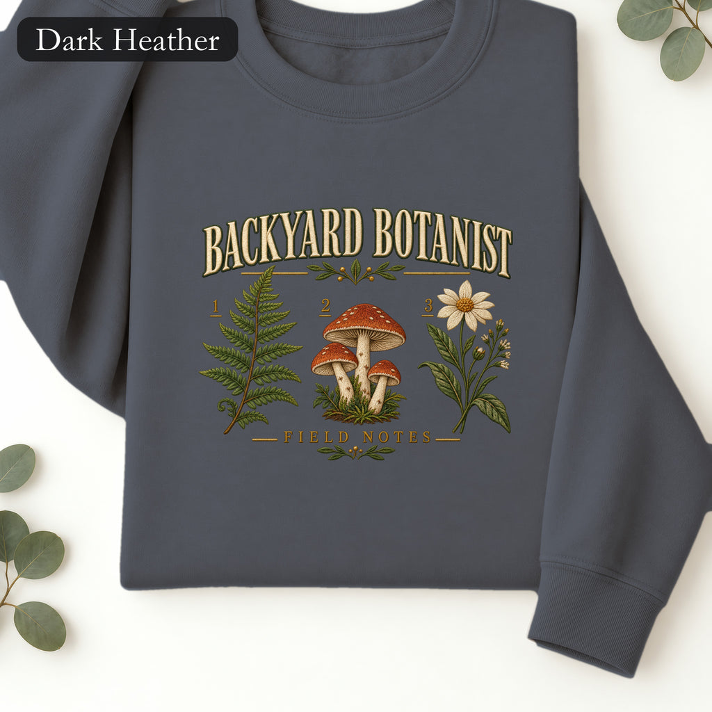 Backyard Botanist Field Notes Mushroom and Wildflower Sweatshirt | Faux Embroidery