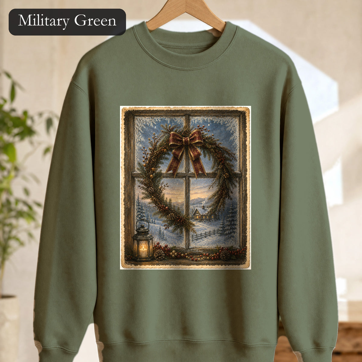 Winter Wreath Window Scene Sweatshirt | Vintage Holiday Postcard