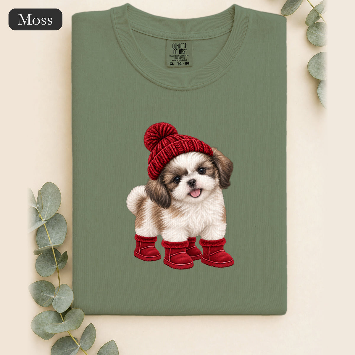 Shih Tzu Puppy in Red Beanie & Boots Shirt | Cute Dog Tee