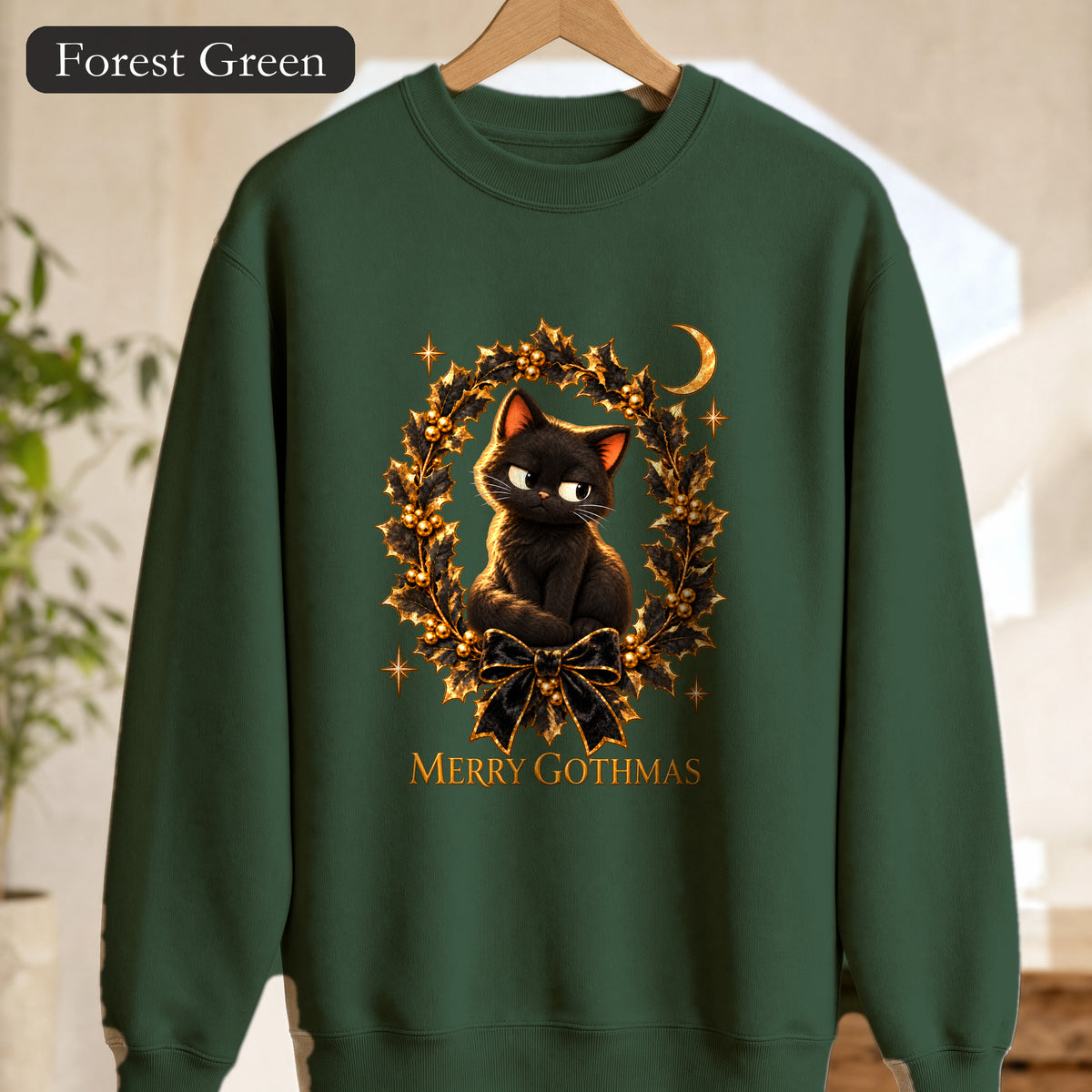 Merry Gothmas Black Cat Sweatshirt | Gothic Christmas Holly Wreath and Crescent Moon, Spooky Cat Lover Holiday Gift
