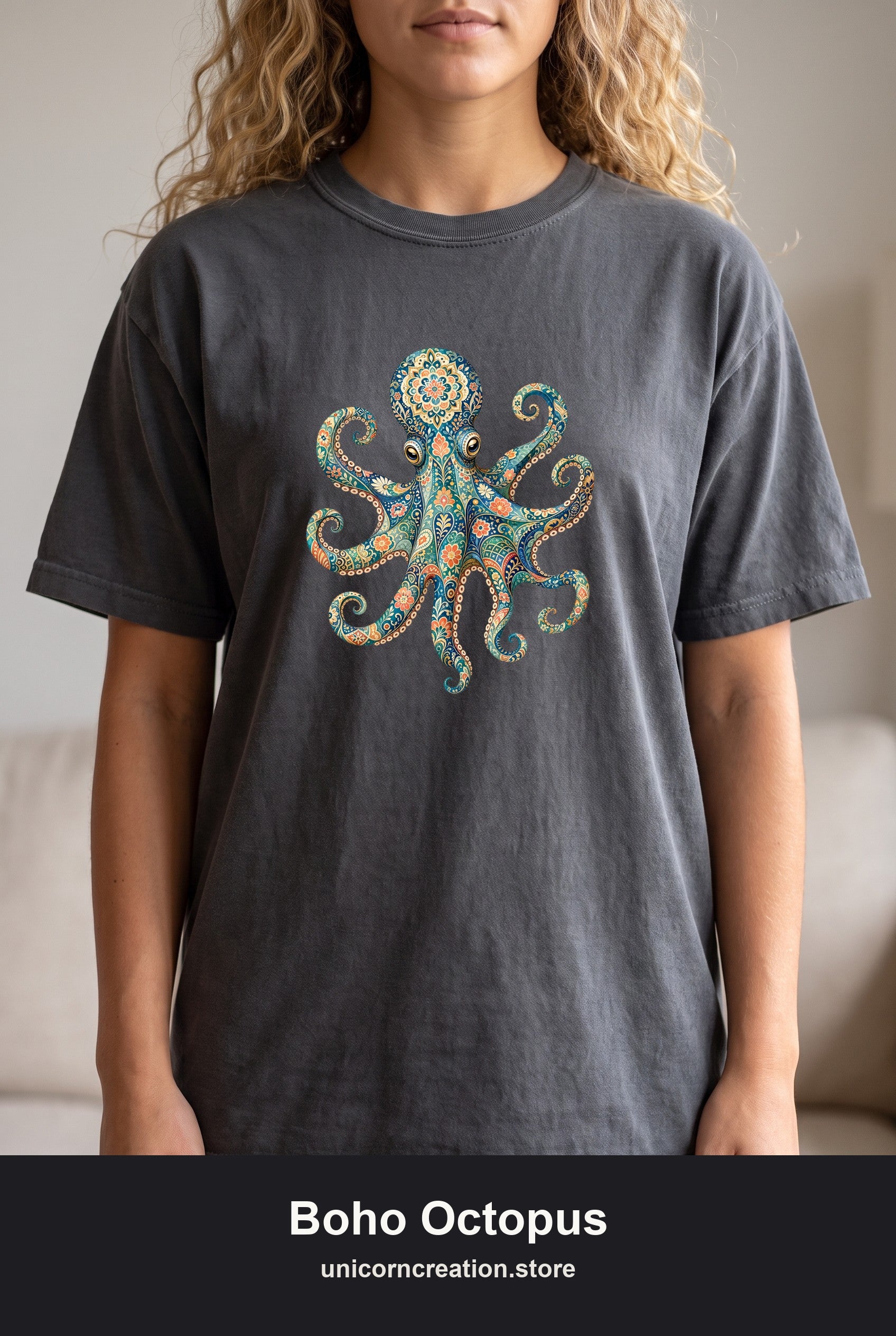 Boho Octopus Shirt, Folk Art Octopus Tee, Japanese Pattern Ocean Lover Gift, Vintage Floral Octopus Sweatshirt