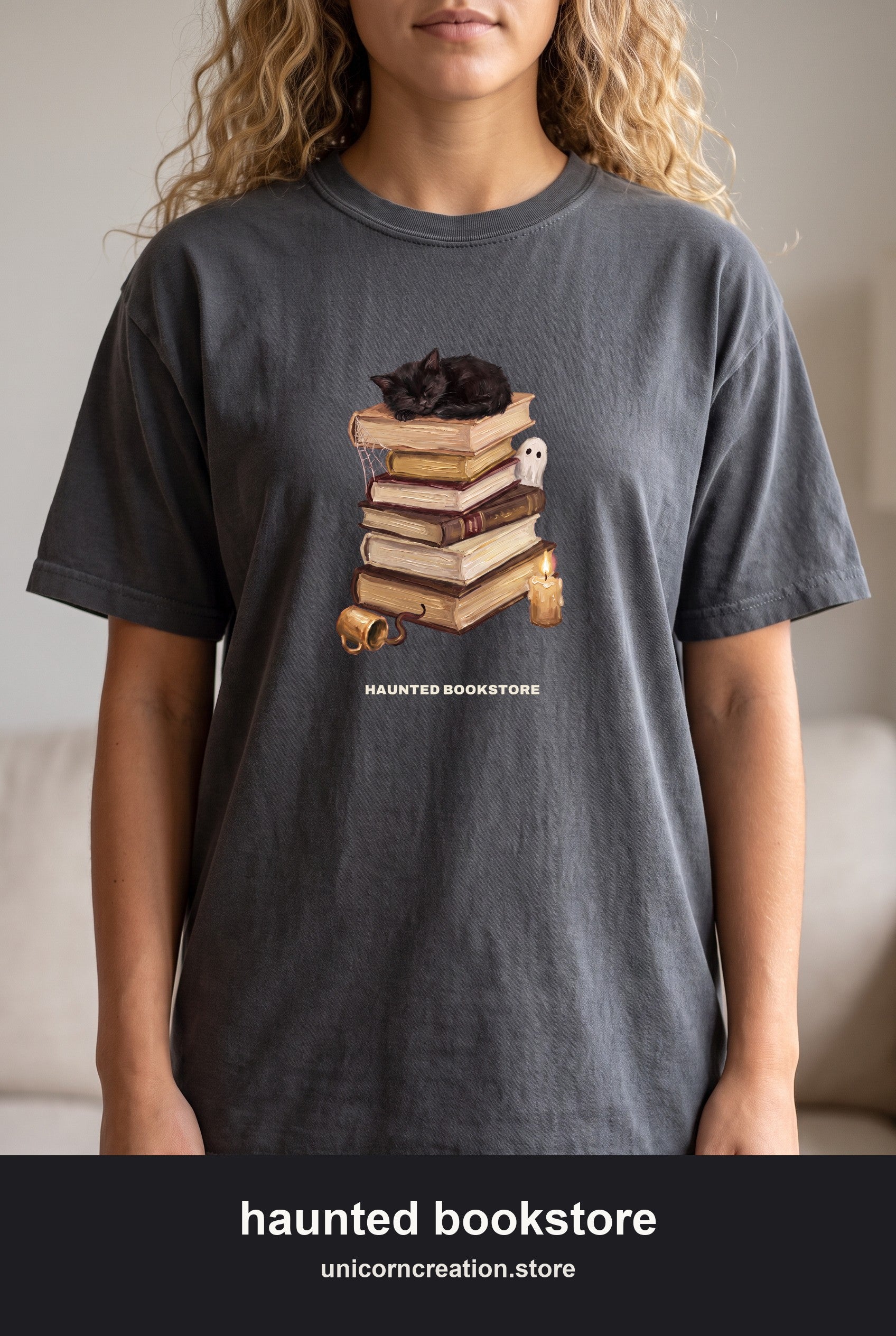Haunted Bookstore Cat Shirt, Bookish Halloween Tee, Dark Academia Ghost Tee, Book Lover Spooky Season Gift