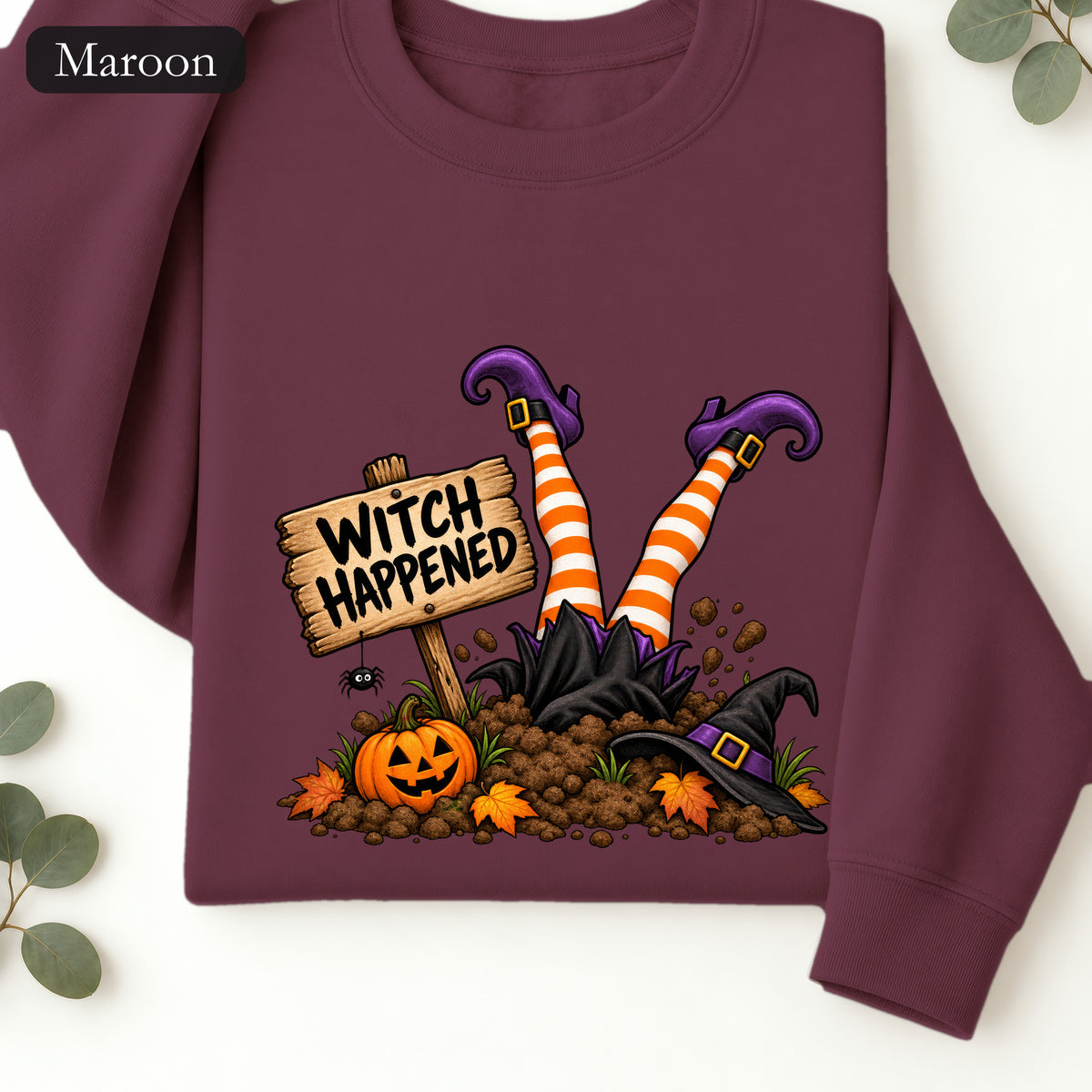Witch Happened legs up in graveyard Sweatshirt | Halloween witch pumpkin witch design