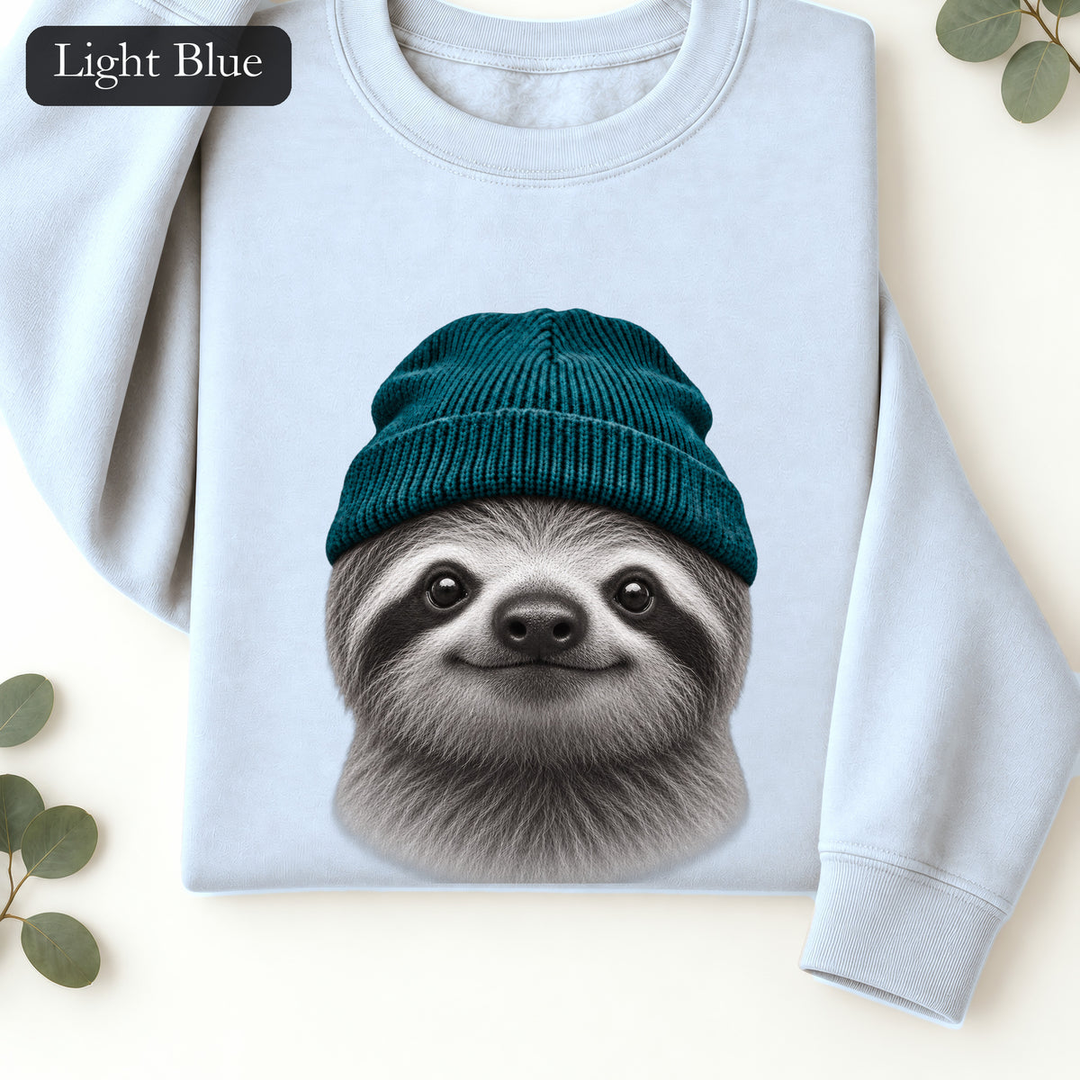 Sloth Wearing Knit Beanie | Cozy Winter Animal Crewneck