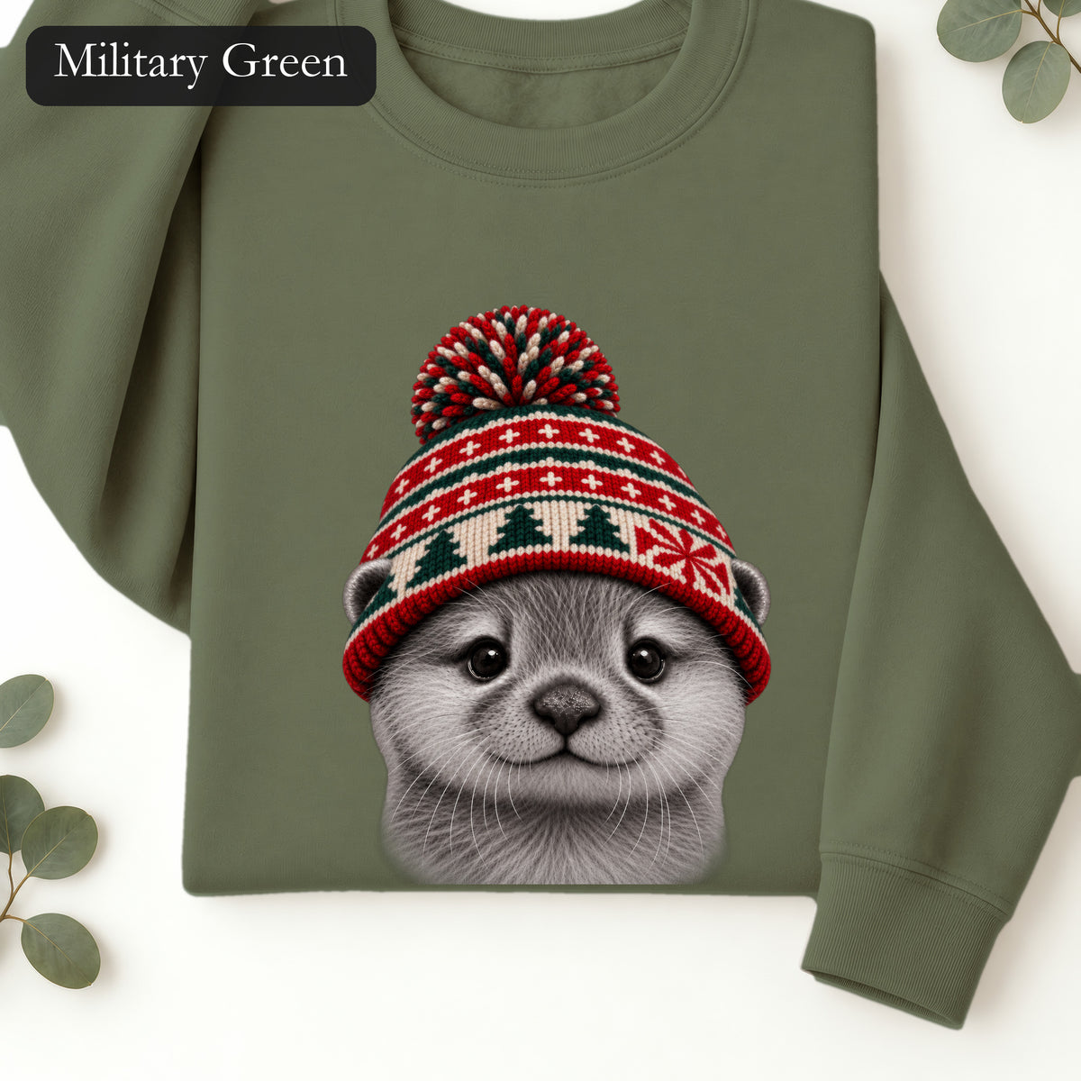 Otter Wearing Knit Christmas Winter Hat Sweatshirt | Cute Holiday Animal Crewneck
