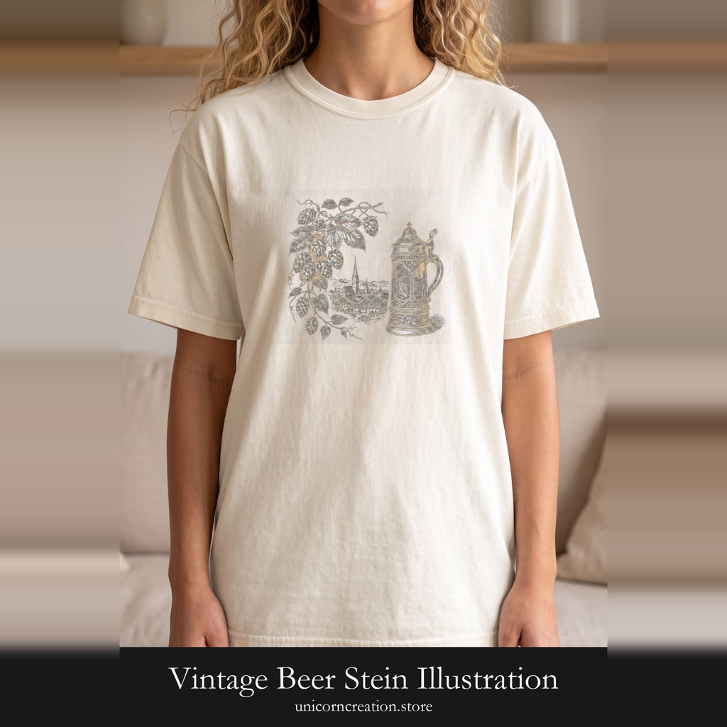 Vintage Beer Stein Illustration Shirt | Hops Vine Scenic Design
