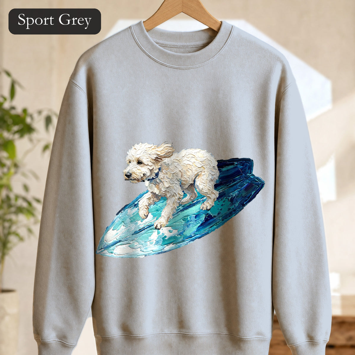 Surfing Dog Shirt, Painterly Surf Dog Tee, Beach Coastal Dog Lover Gift, Summer Ocean Dog Mom Sweatshirt