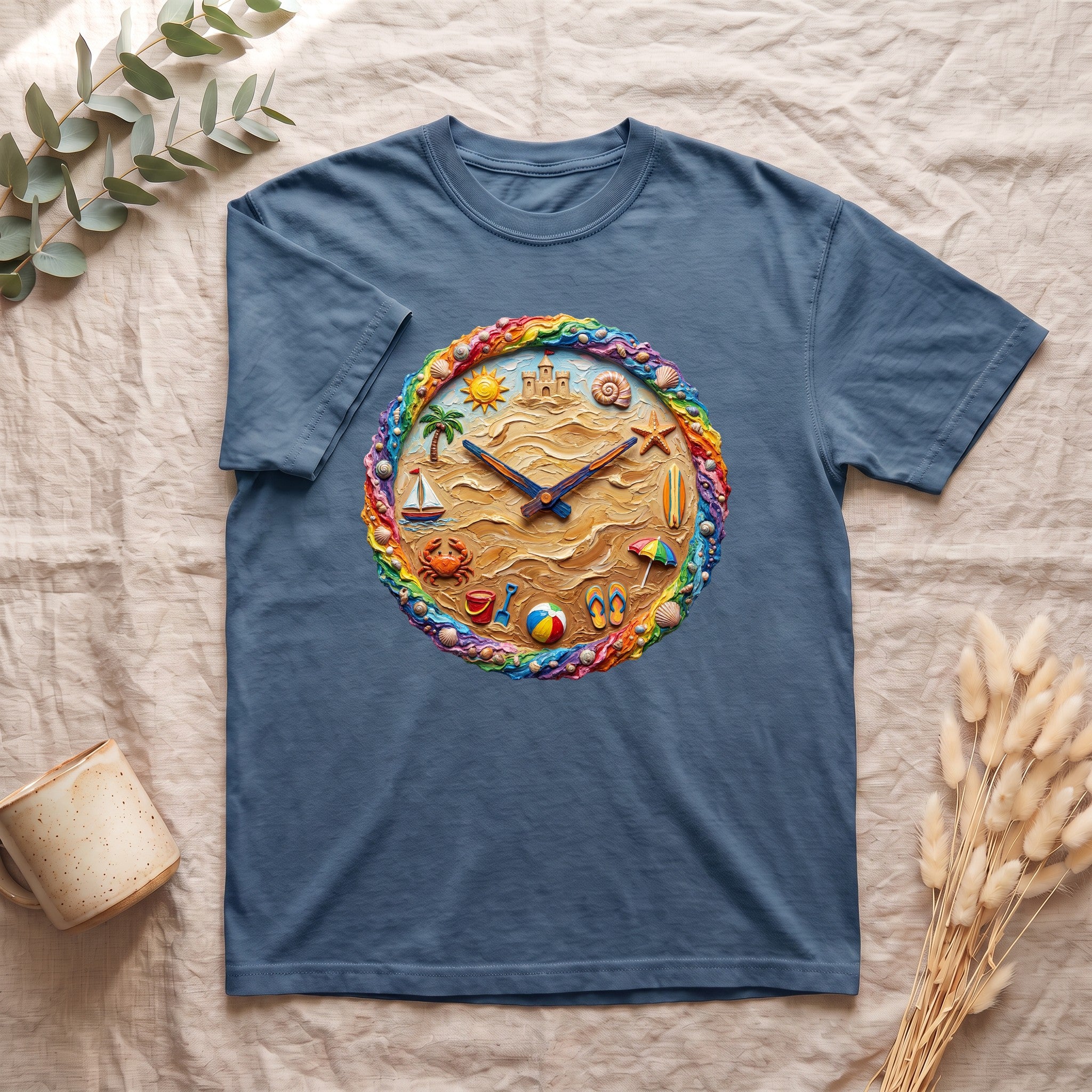 Beach Clock Shirt, Dreamy Coastal Art Tee, Surreal Beach Lover Gift, Summer Ocean Sweatshirt
