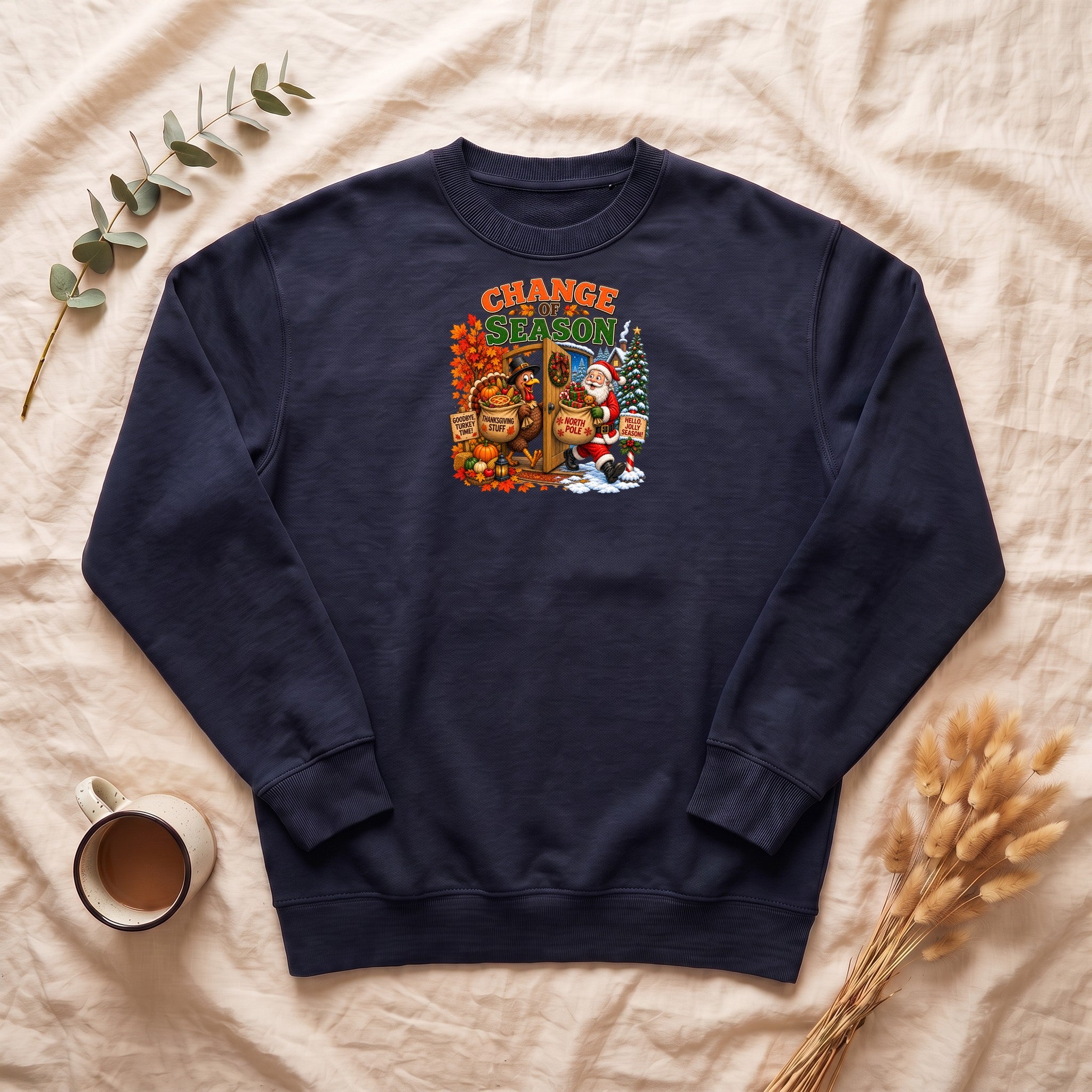 Change of Season Sweatshirt | Fall to Winter Holiday Pumpkin Santa Design
