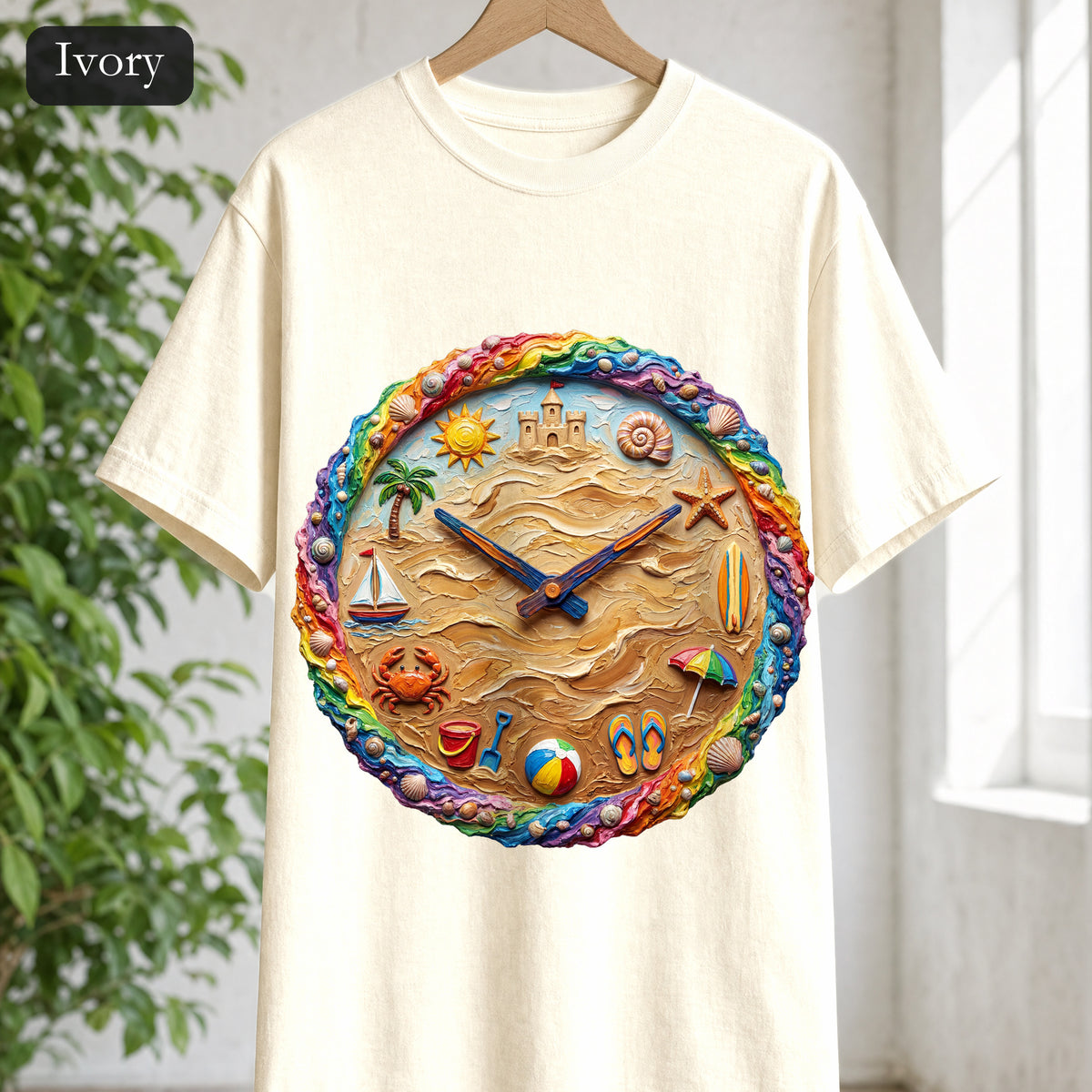 Beach Clock Shirt, Dreamy Coastal Art Tee, Surreal Beach Lover Gift, Summer Ocean Sweatshirt