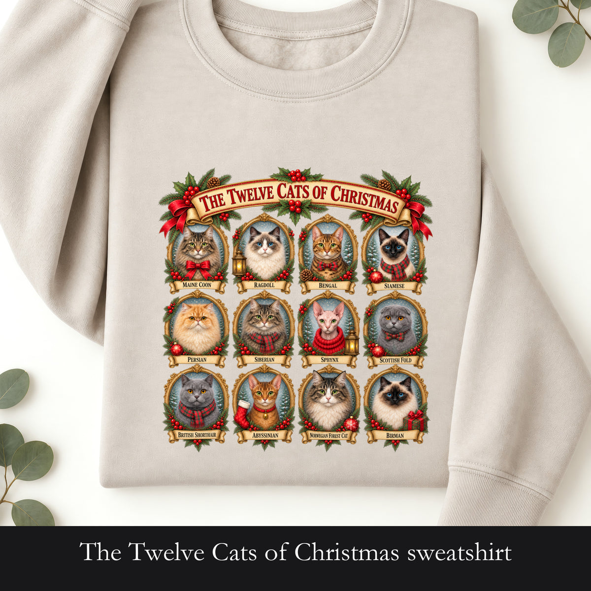 The Twelve Cats of Christmas sweatshirt | holiday cat portrait collage