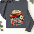 It's Finally Sweater Weather sweatshirt | cozy fall knit stack, autumn leaves, coffee mug