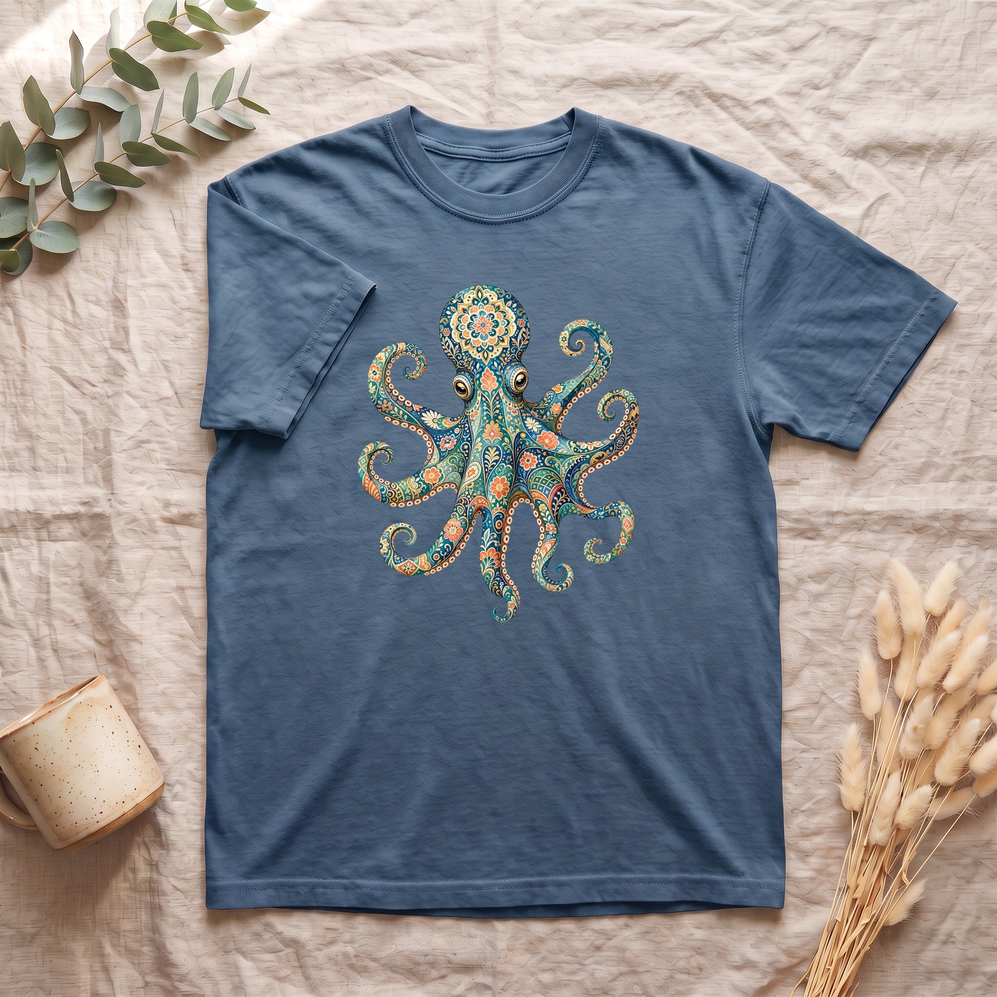 Boho Octopus Shirt, Folk Art Octopus Tee, Japanese Pattern Ocean Lover Gift, Vintage Floral Octopus Sweatshirt
