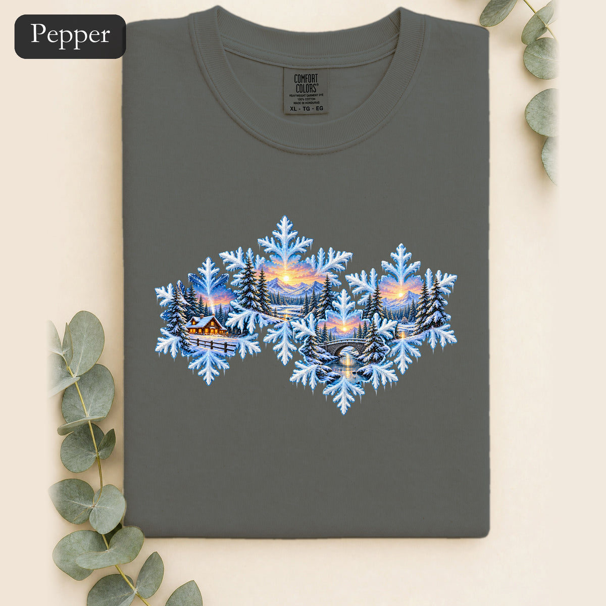 Snowflake Scenic Sunset Shirt | Winter Lake Landscape
