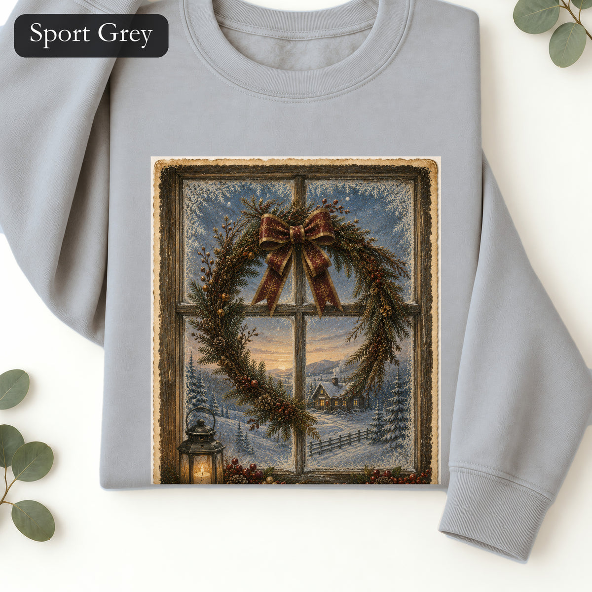 Winter Wreath Window Crewneck Sweatshirt | Vintage Christmas Scene