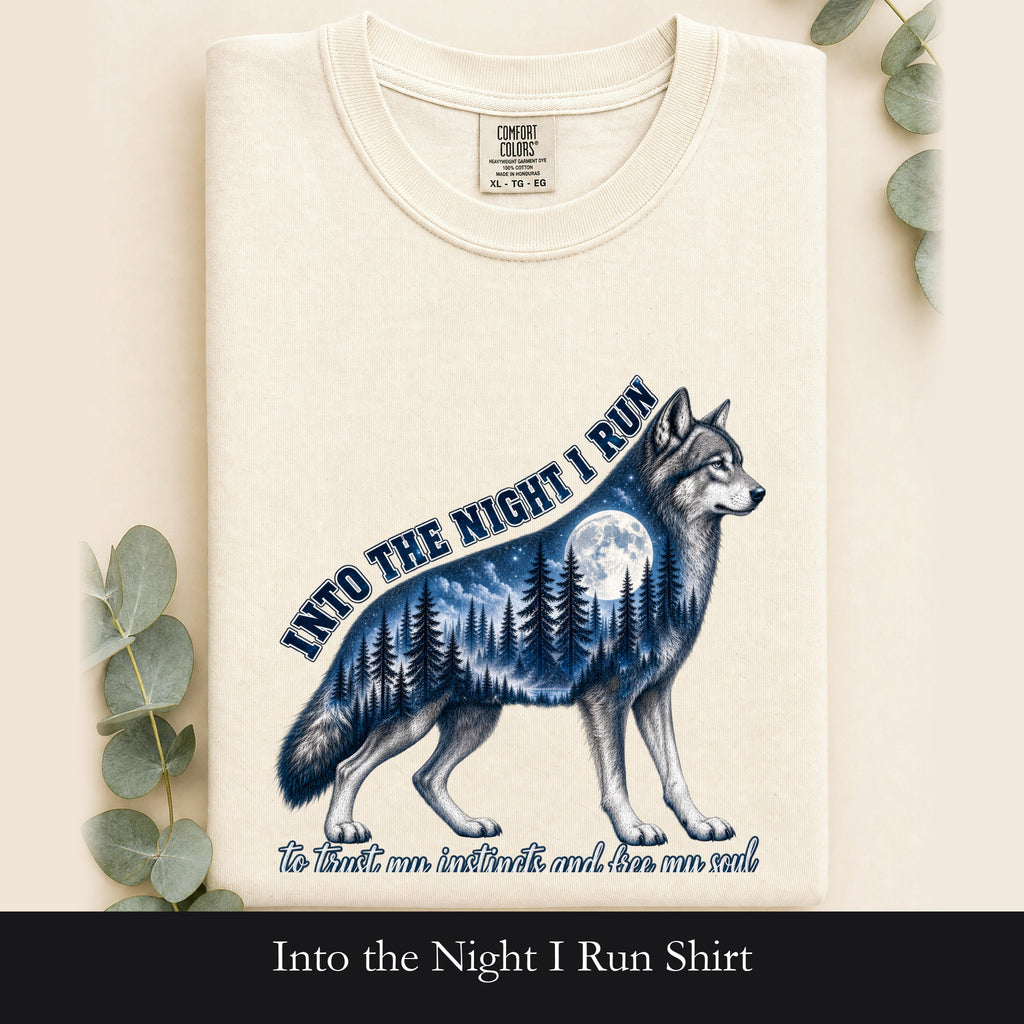 Into the Night I Run Shirt, Wolf Double Exposure Tee, Moonlit Forest Wild Spirit Gift, Woodland Nature Sweatshirt